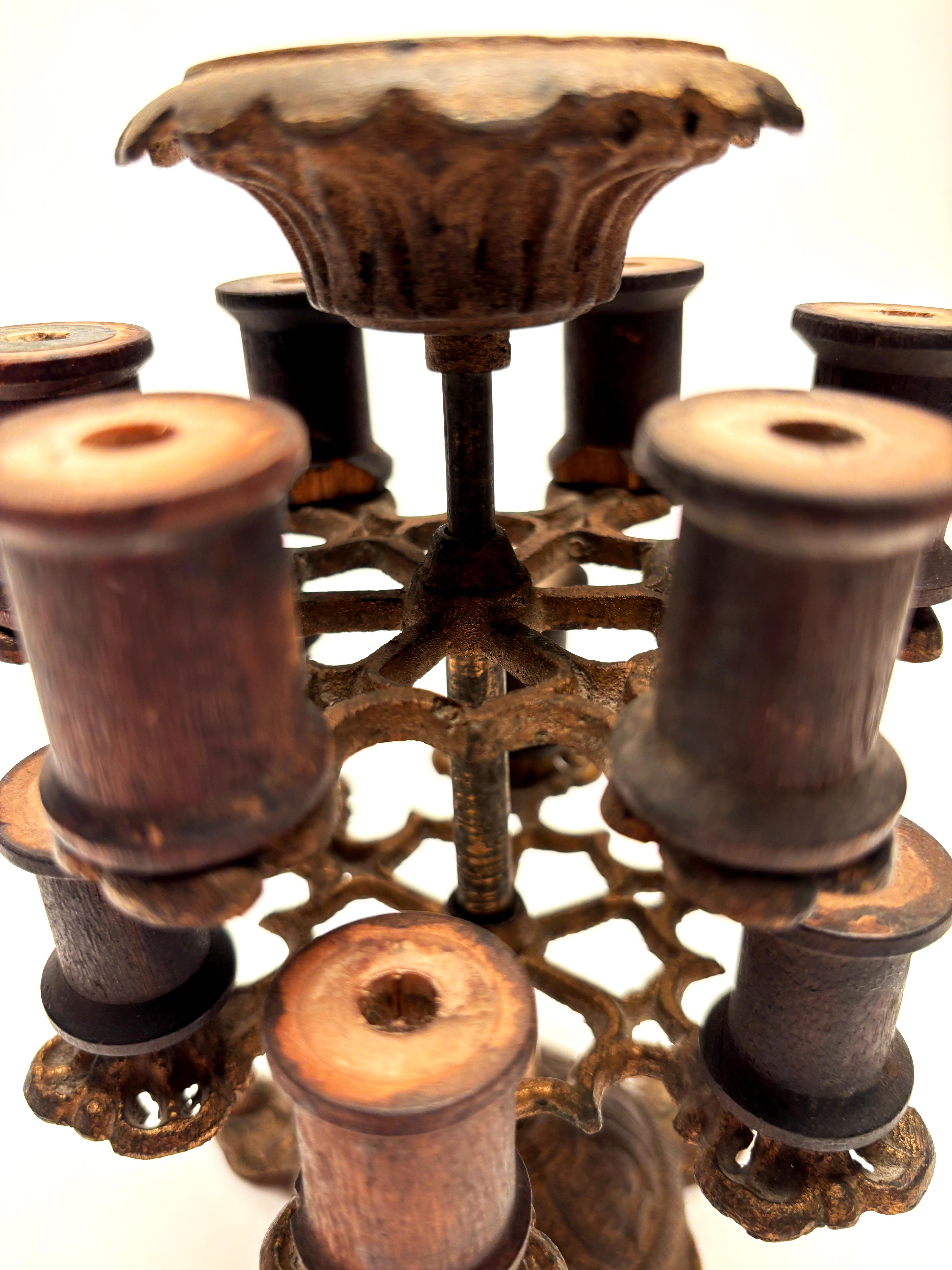 Victorian Era Cast Metal Brass Thread Tree with 12 Spool Holders im Angebot 5