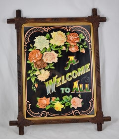 Victorian Era Chromolithograph a Welcome to All Motto in Adirondack Wood Frame
