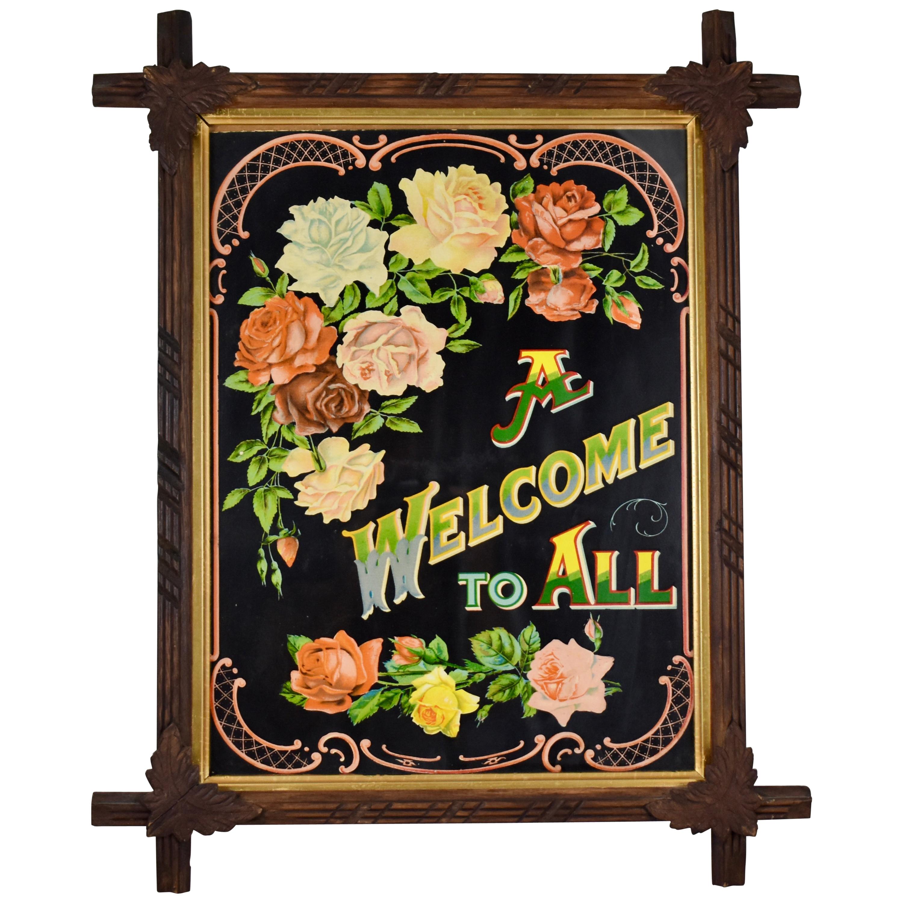 Victorian Era Chromolithograph a Welcome to All Motto in Adirondack Wood Frame