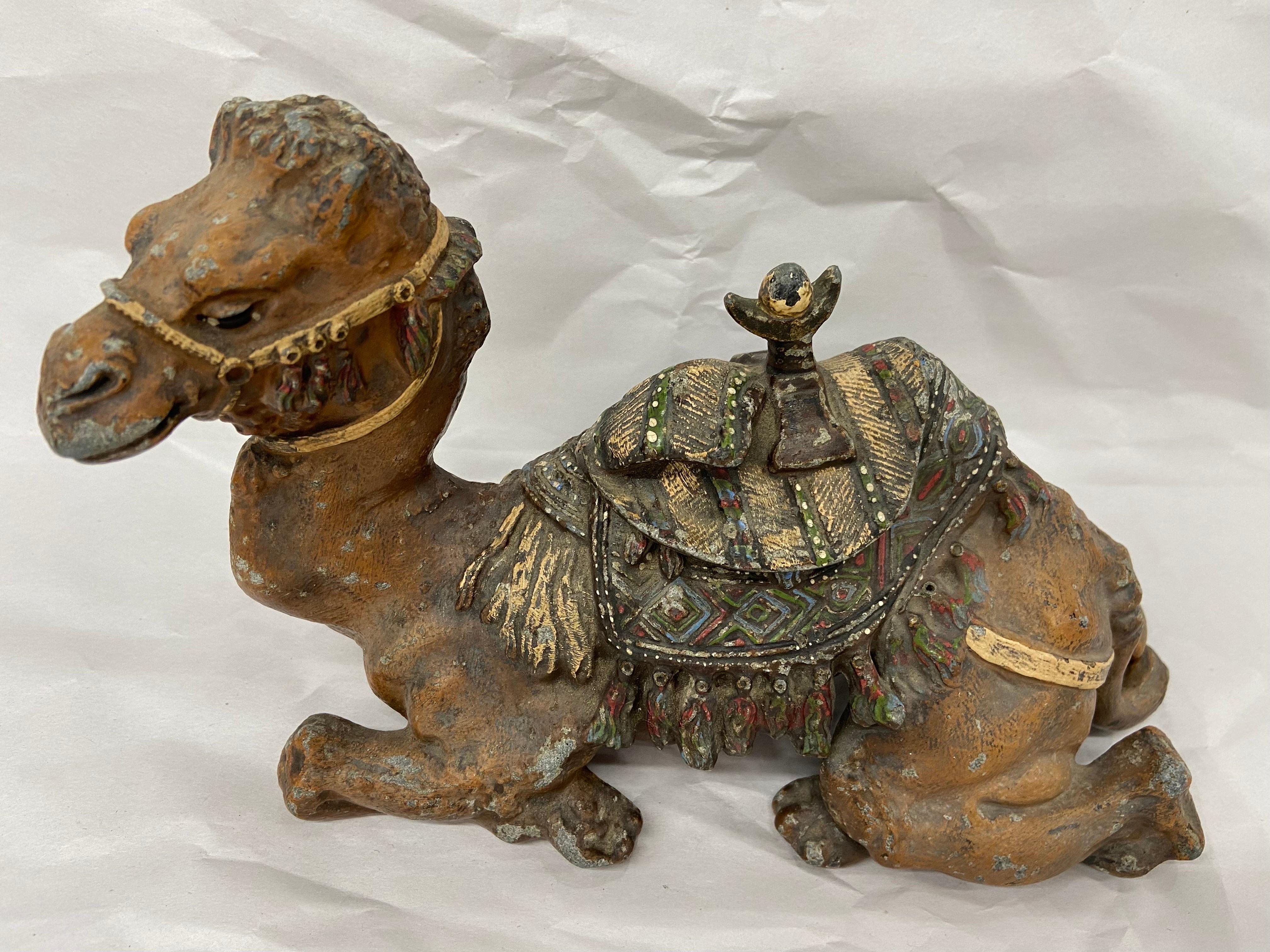 Austrian Victorian Era Cold Painted Spelter Figural and Sculptural Camel Desk Inkwell
