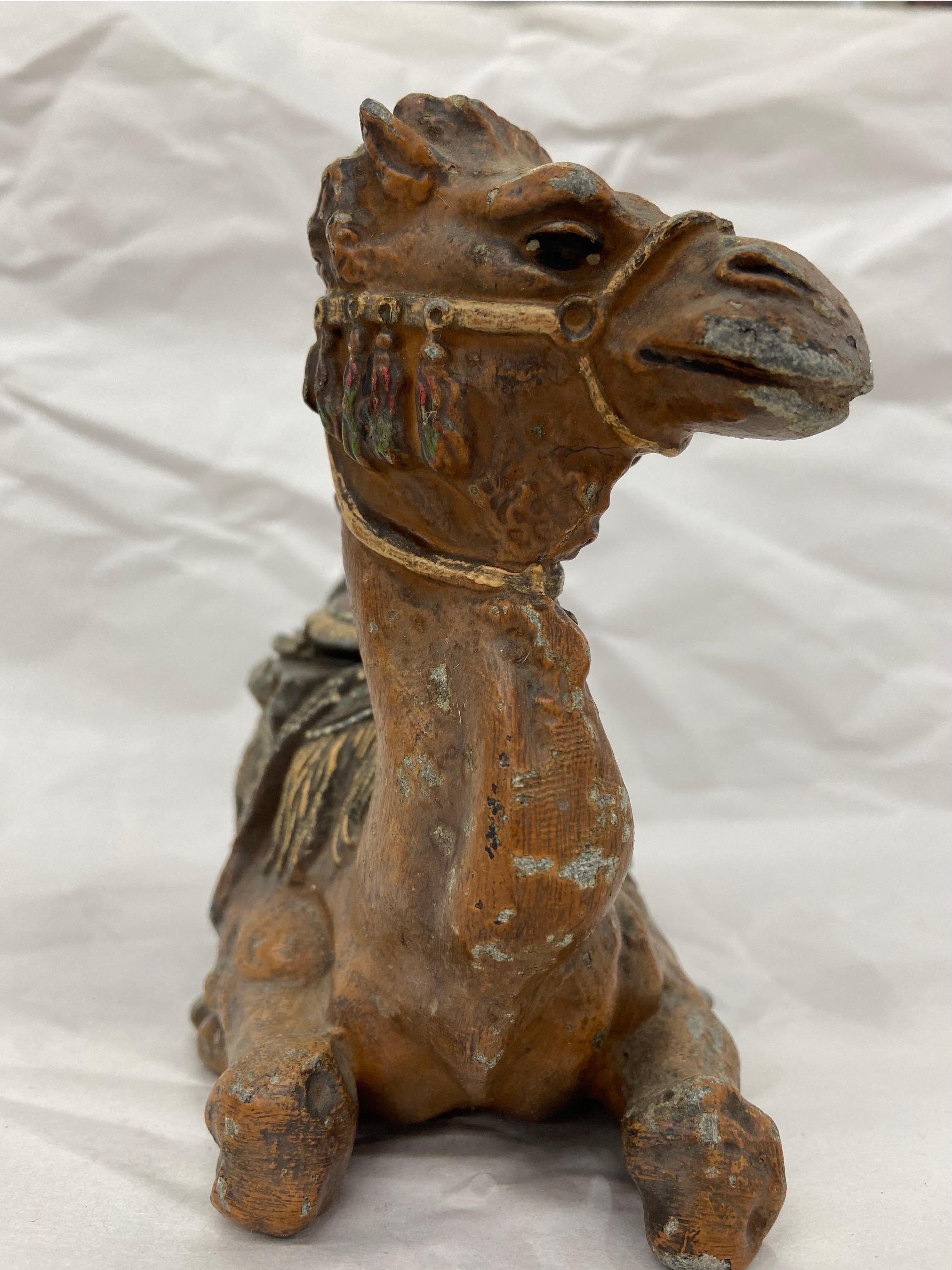 Hand-Painted Victorian Era Cold Painted Spelter Figural and Sculptural Camel Desk Inkwell