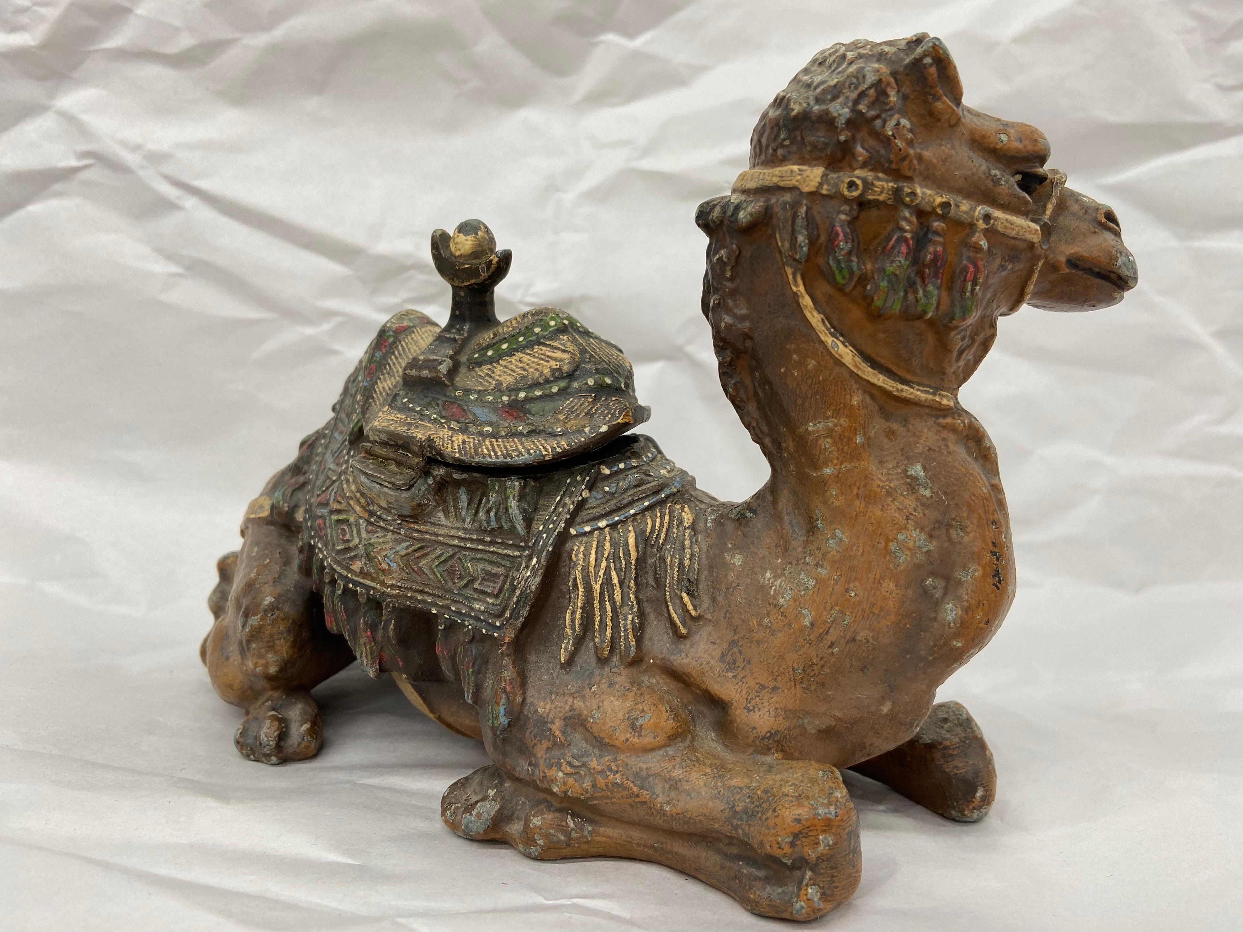 Victorian Era Cold Painted Spelter Figural and Sculptural Camel Desk Inkwell In Good Condition In Atlanta, GA