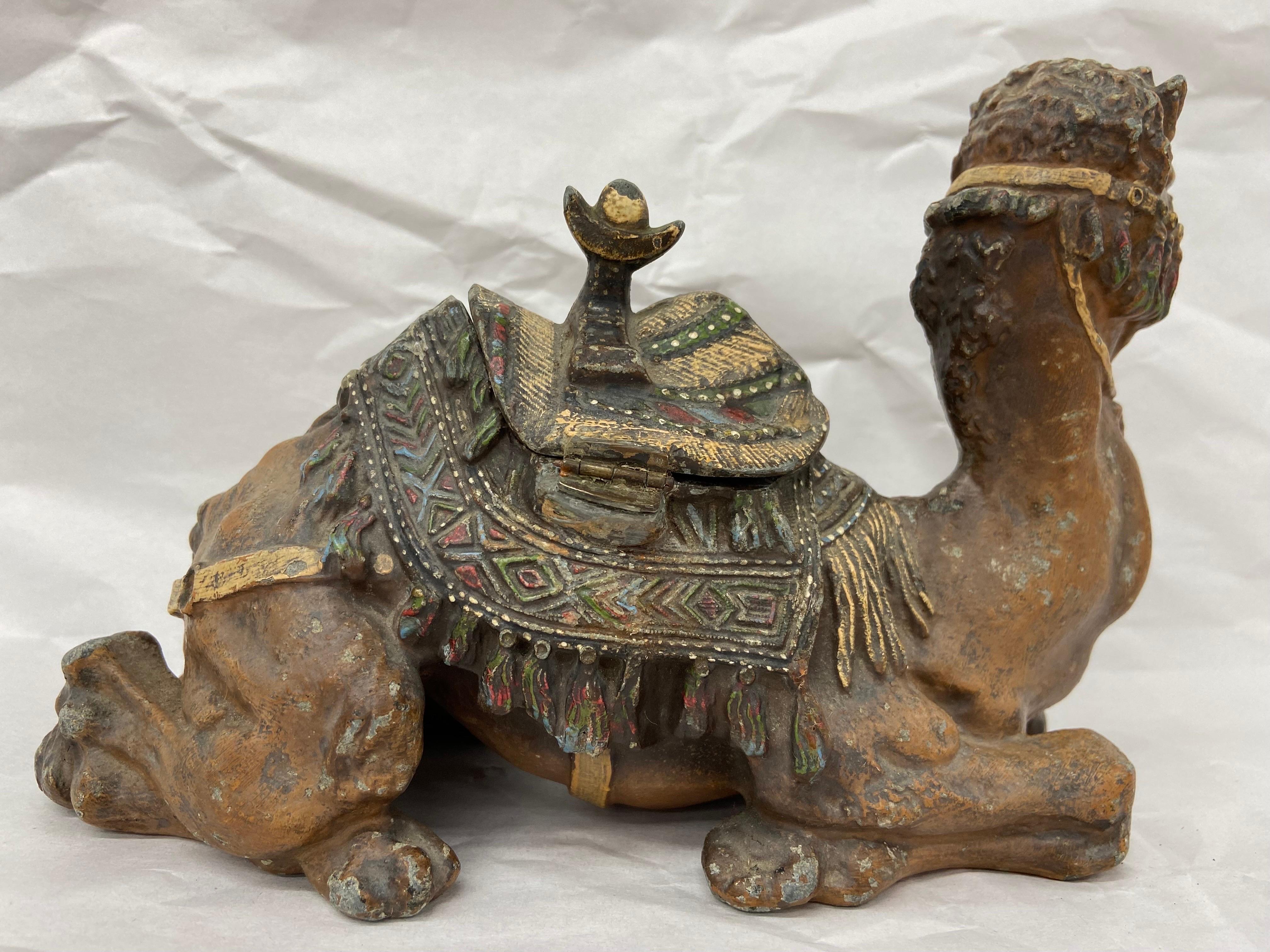 20th Century Victorian Era Cold Painted Spelter Figural and Sculptural Camel Desk Inkwell