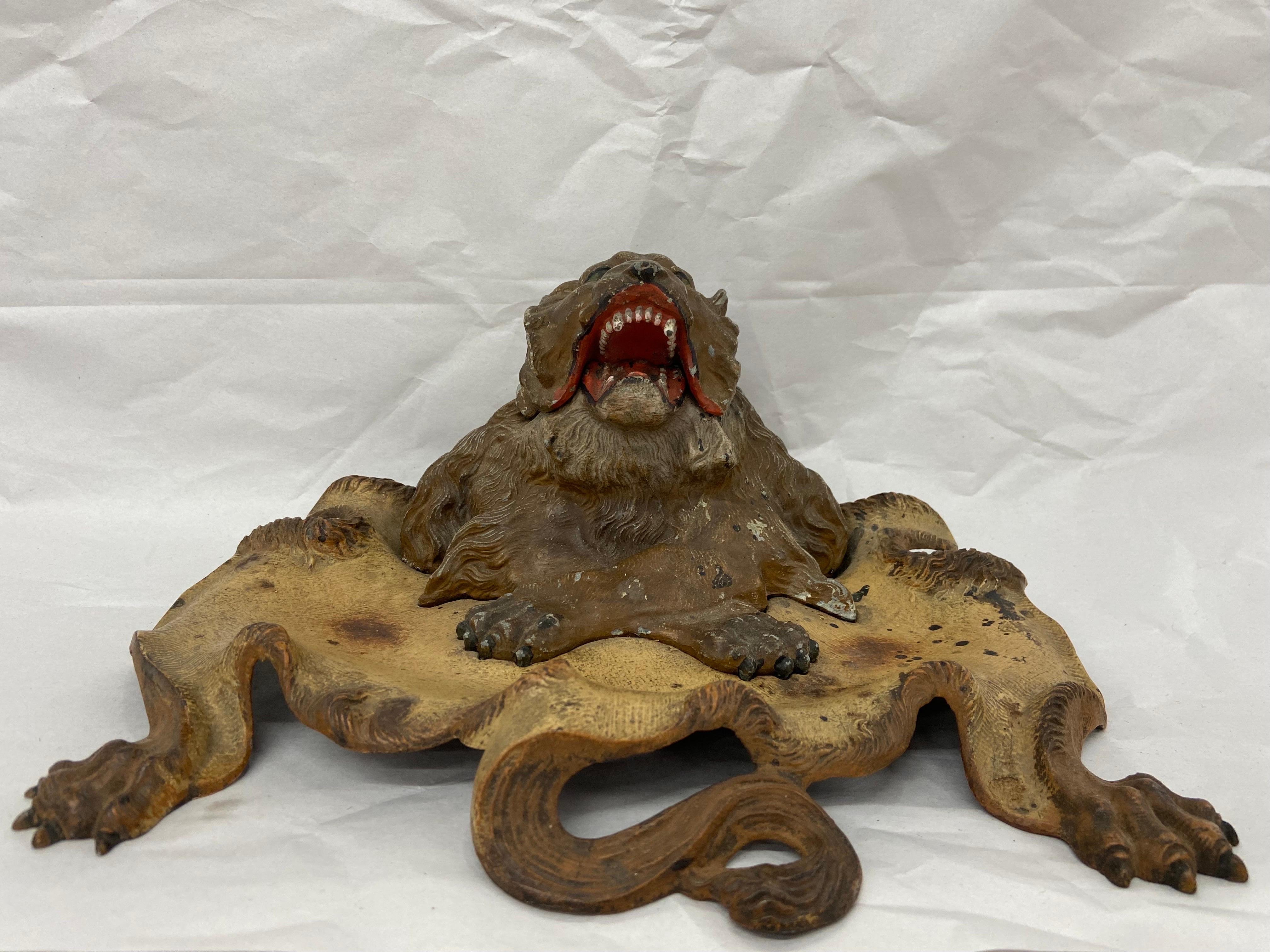 Anglo-Indian Victorian Era Cold Painted Spelter Figural Lion Inkwell and Pen Rest Sculpture