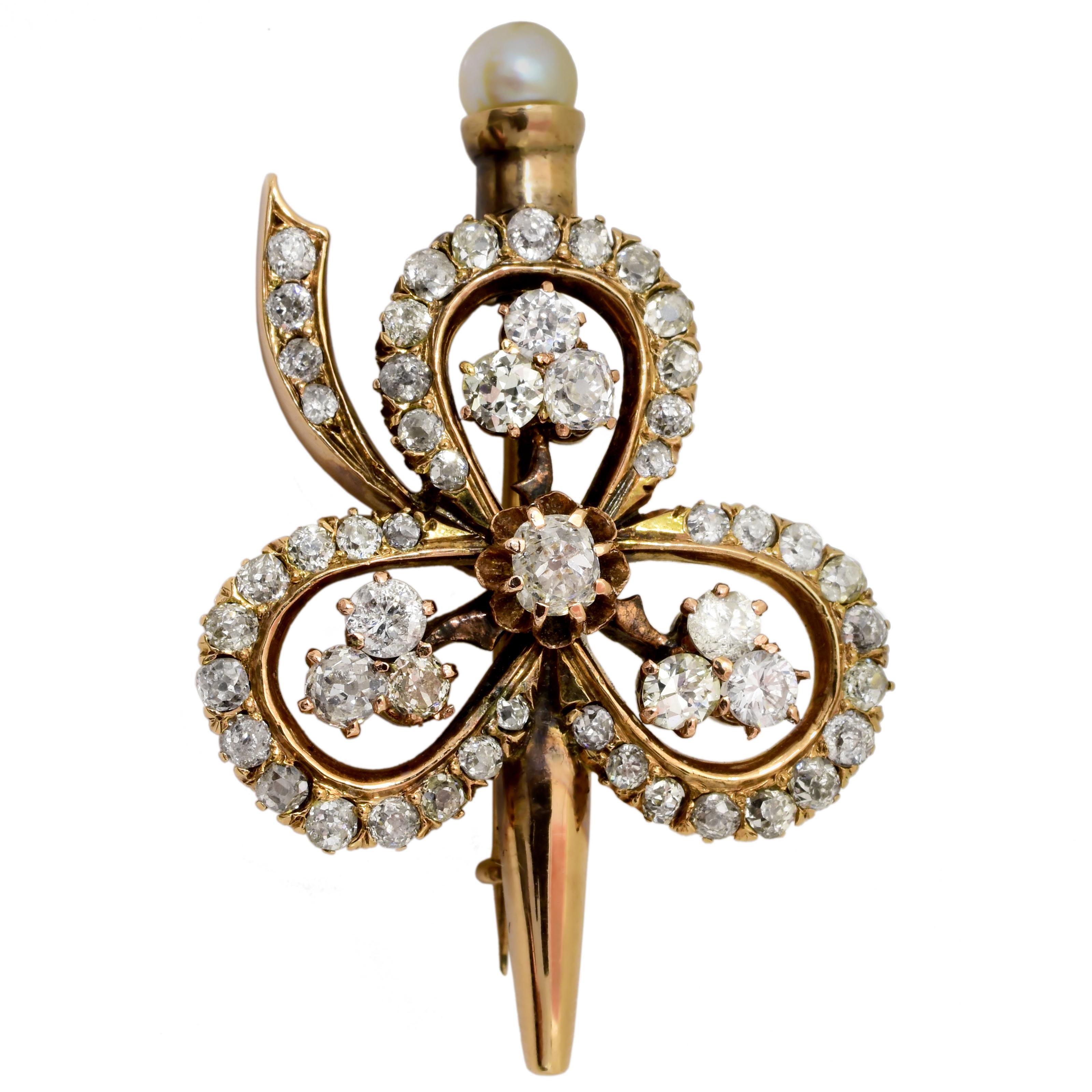 Victorian Era Diamond Gold Clover Brooch For Sale