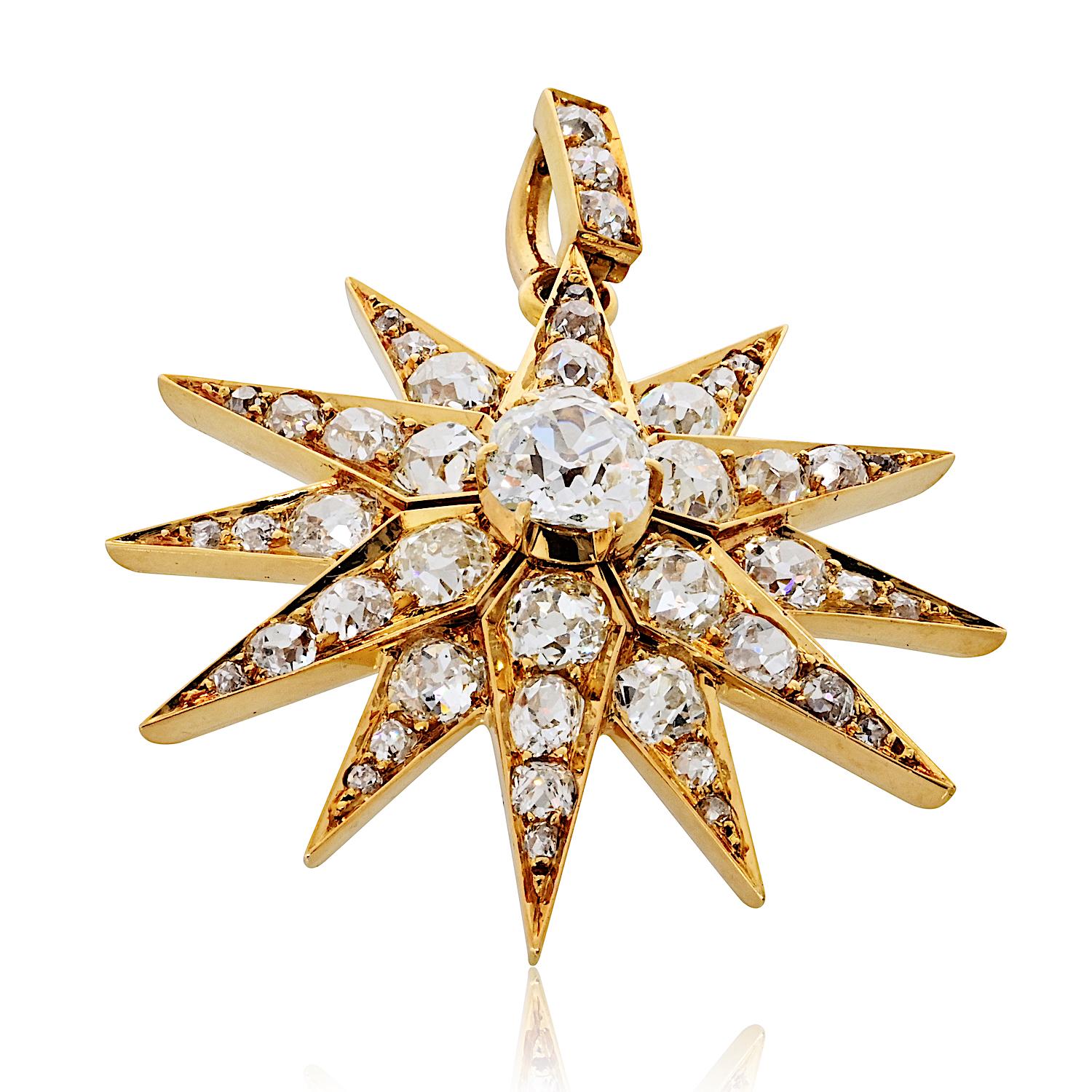 Pendentif en or jaune 18K avec étoile de diamants de l'époque victorienne.

Ce remarquable pendentif en forme d'étoile est réalisé en or jaune 18 carats et serti d'un total de 46 diamants antiques. En son centre repose un impressionnant diamant de