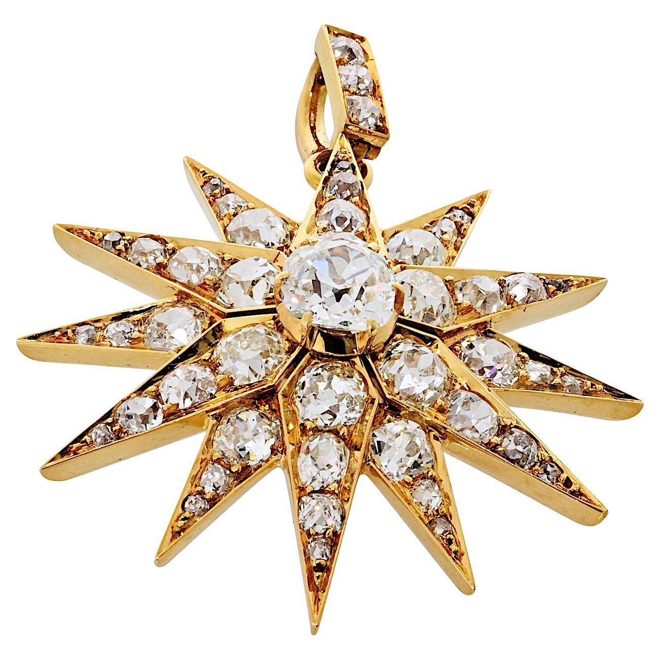 Victorian-era Diamond Starburst 18K Yellow Gold Pendant