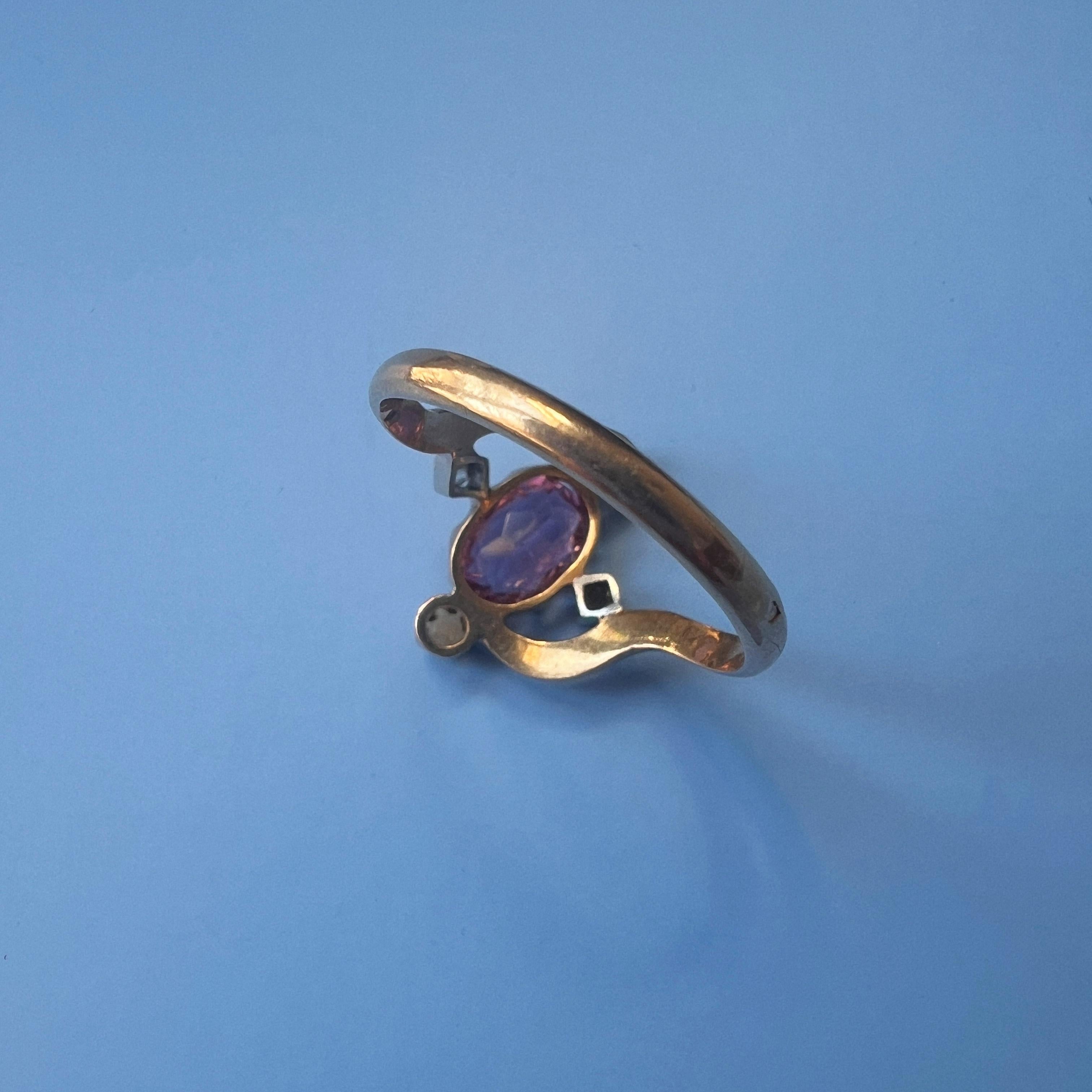 Victorian era French work 18K gold pink tourmaline diamond ring 6