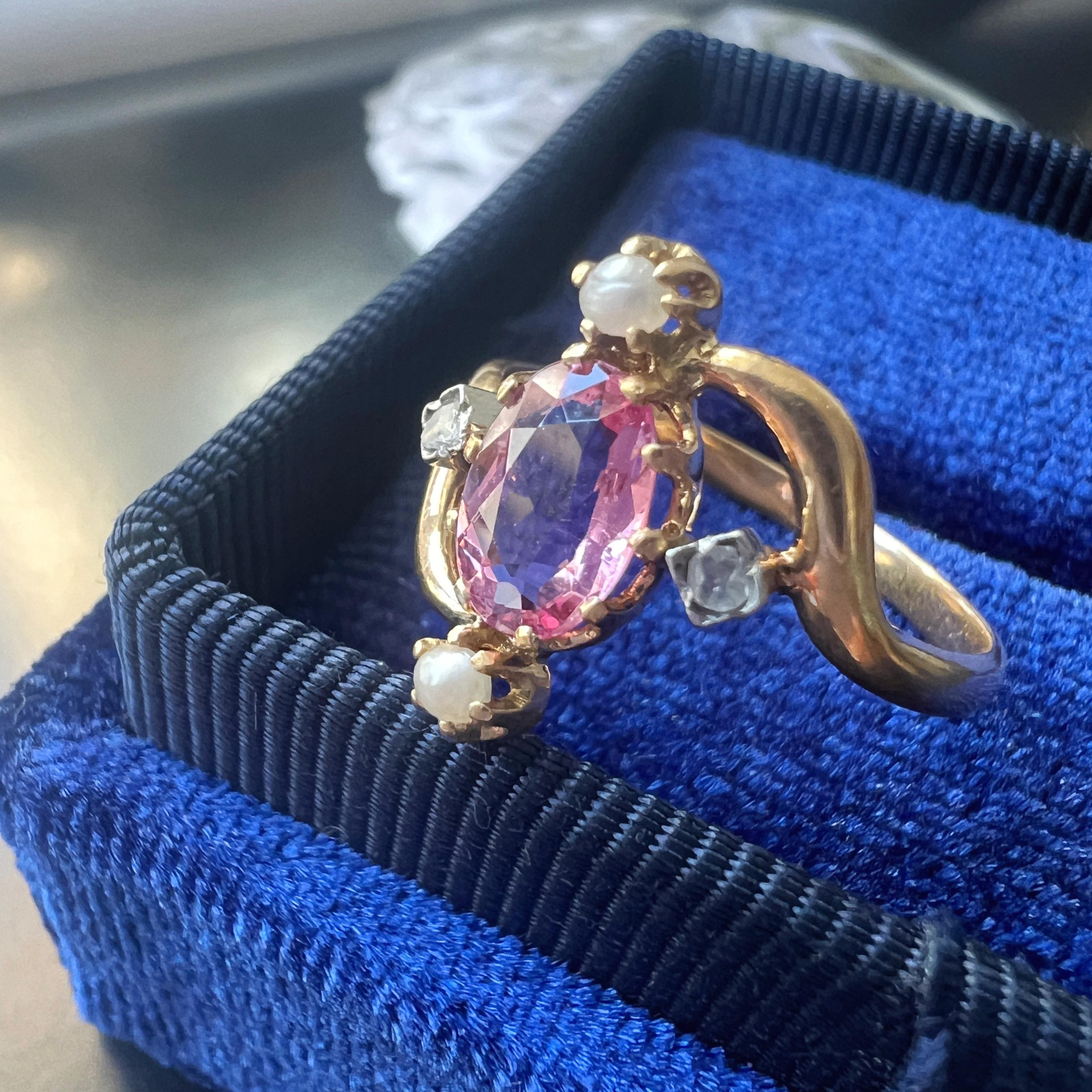 The fresh feel of spring is perfectly captured in this beautiful 18K gold pink tourmaline ring.
In soft tones which remind us of a cherry blossom, this 19th century, Victorian era ring is the perfect piece to usher in spring.

The ring features an