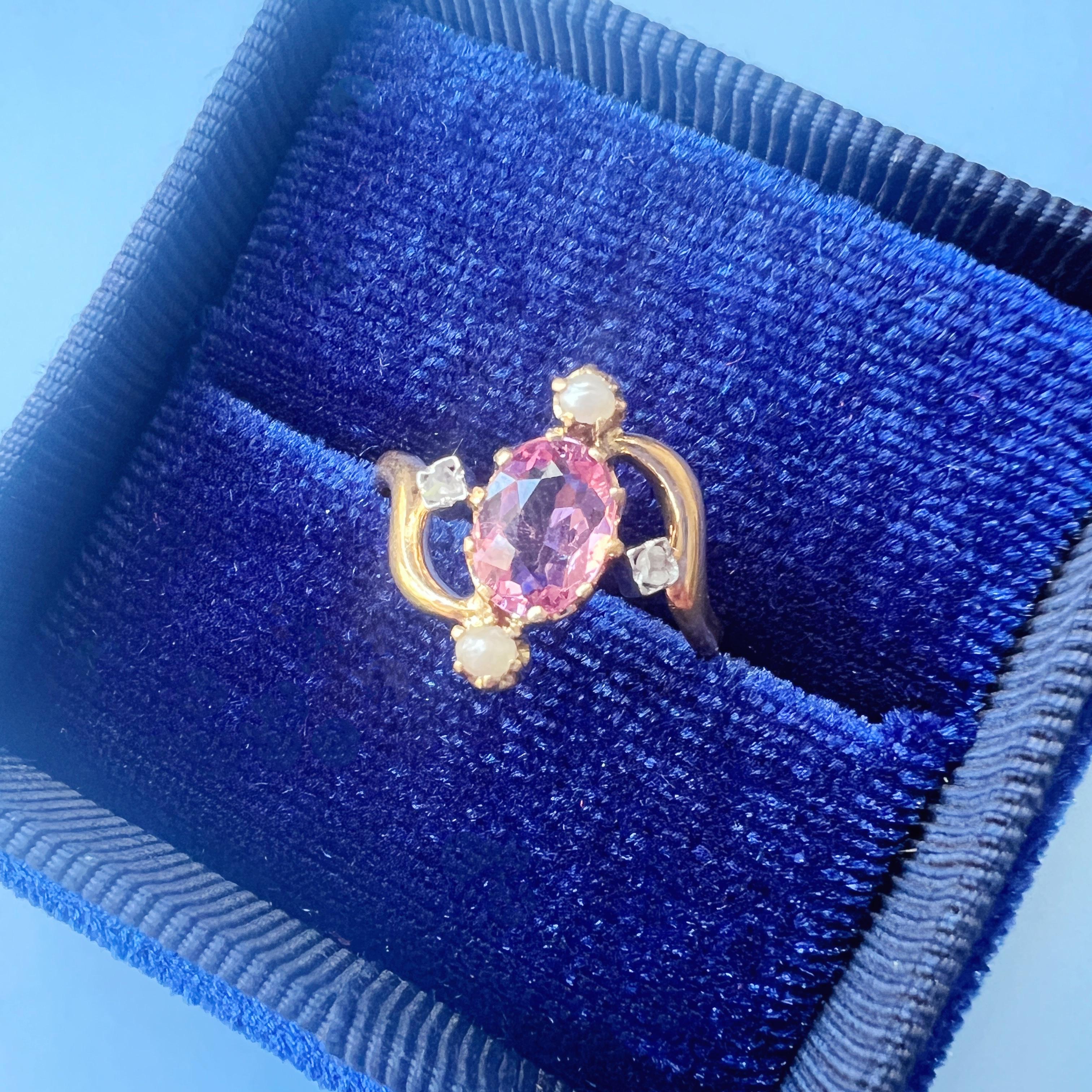 Oval Cut Victorian era French work 18K gold pink tourmaline diamond ring