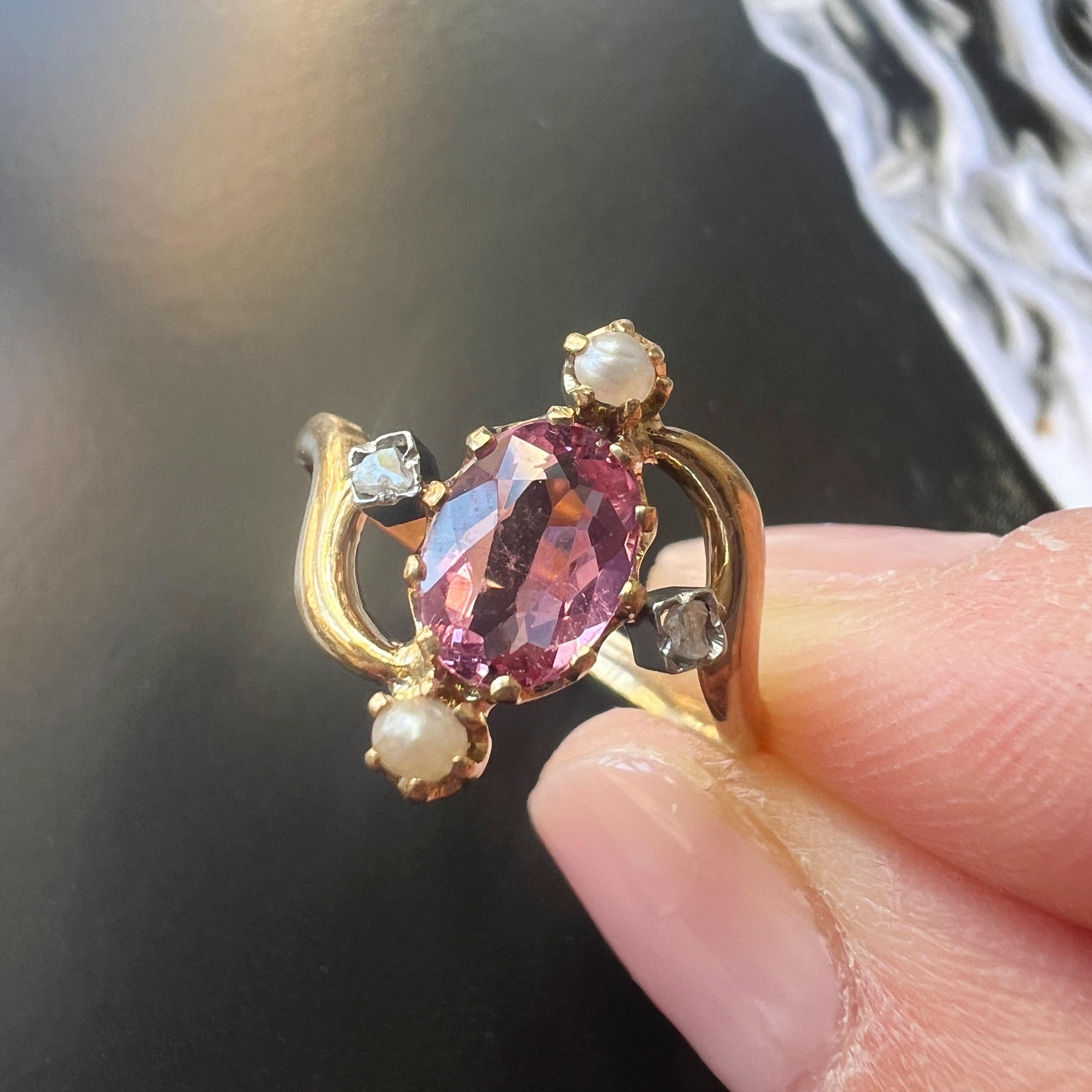 Victorian era French work 18K gold pink tourmaline diamond ring 1