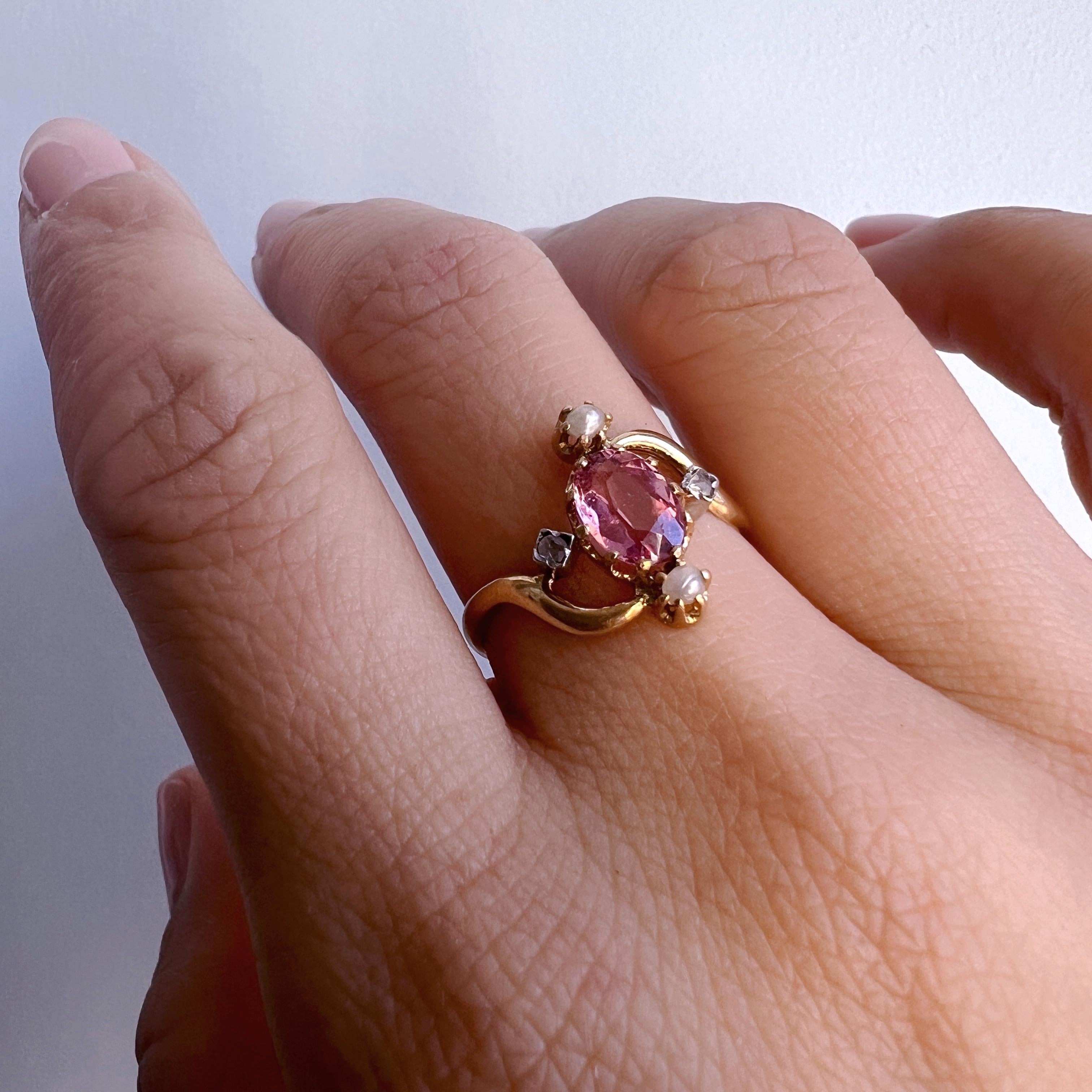 Victorian era French work 18K gold pink tourmaline diamond ring 2