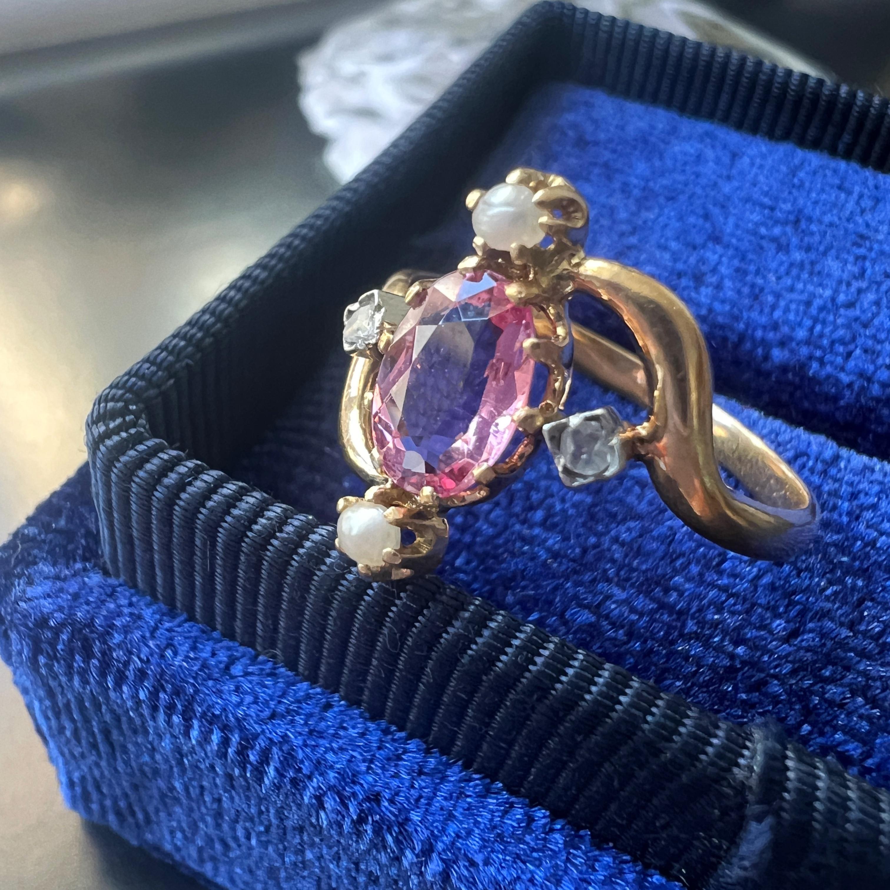 Victorian era French work 18K gold pink tourmaline diamond ring 3