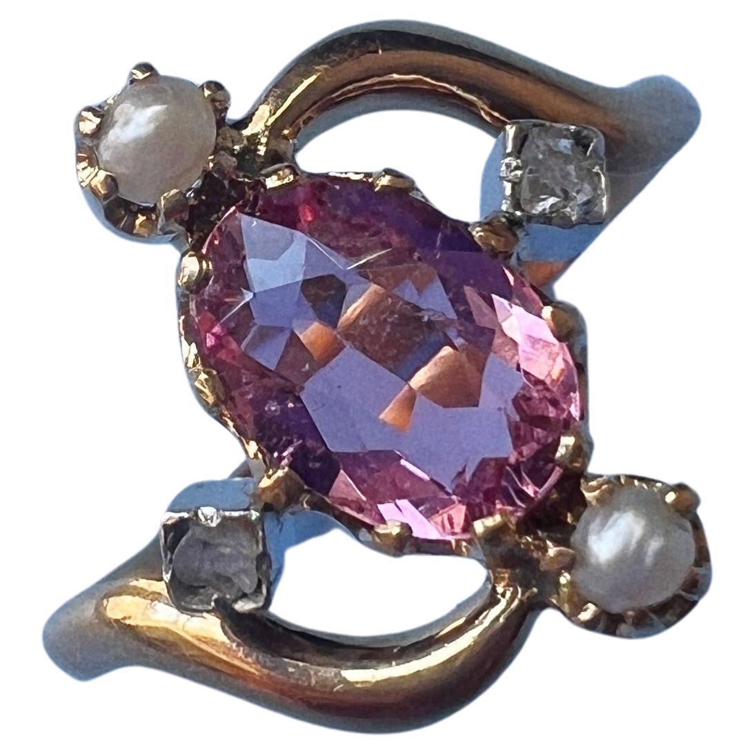 Victorian era French work 18K gold pink tourmaline diamond ring
