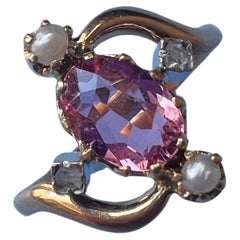 Antique Victorian era French work 18K gold pink tourmaline diamond ring