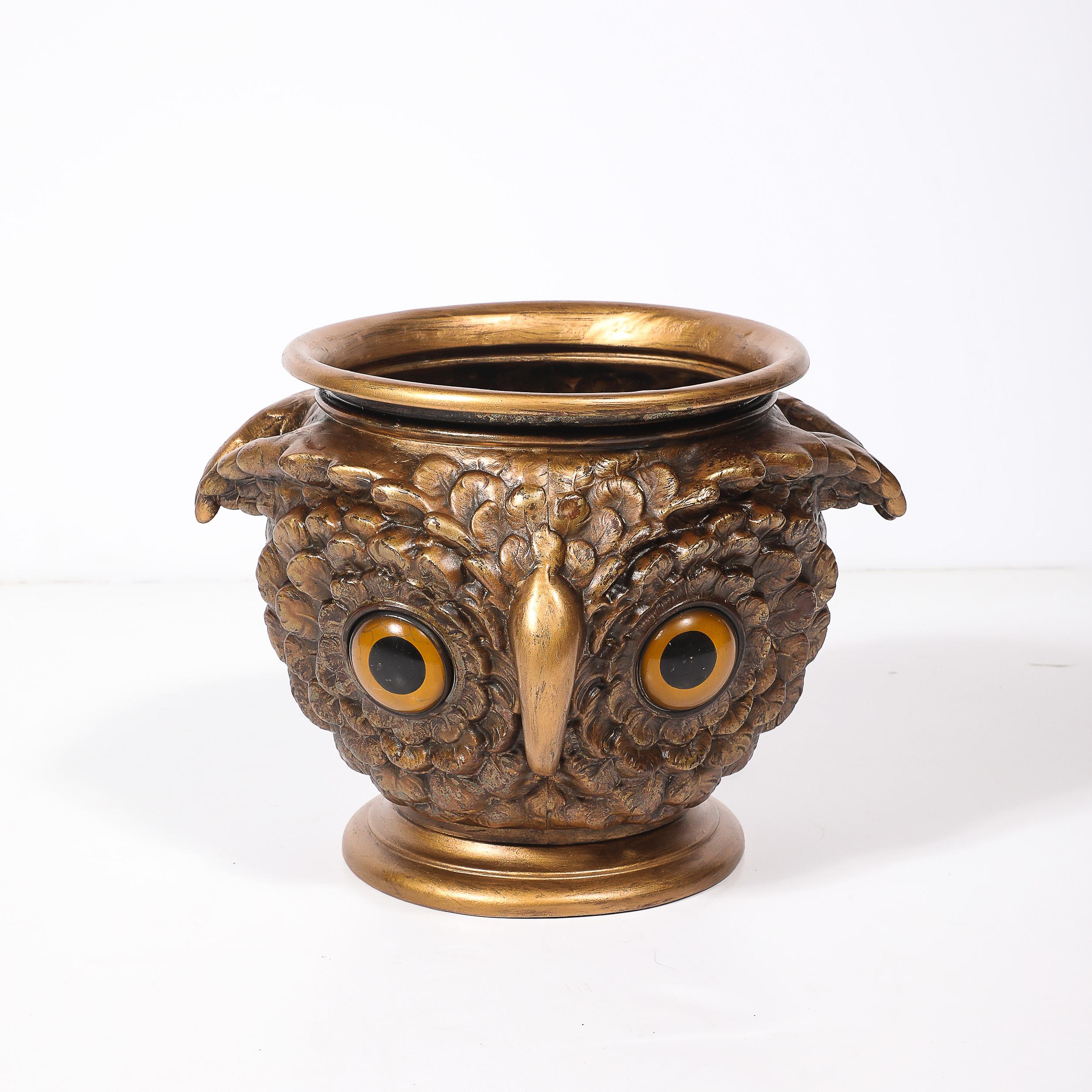 Ottone Gufo Jardiniere in bronzo dorato e vetro di epoca vittoriana in vendita