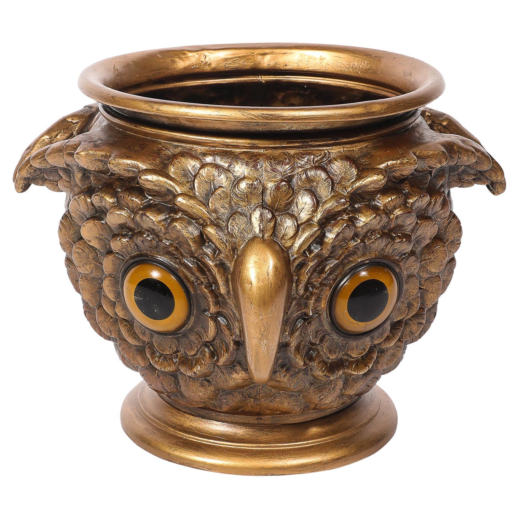 Gufo Jardiniere in bronzo dorato e vetro di epoca vittoriana in vendita