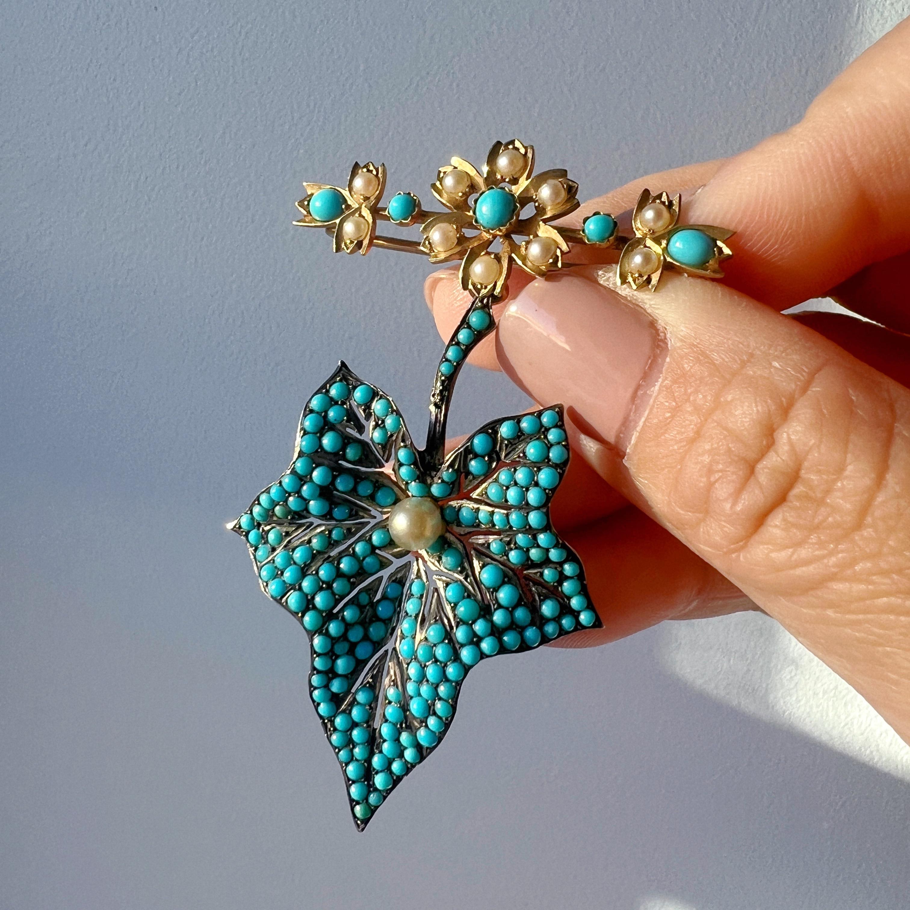 For sale an exquisite Victorian era brooch featuring a large ivy leaf adorned with captivating turquoise beads, fully pave set to perfection. Nestled in the heart of the leaf is a lustrous, white round pearl. It makes a beautiful contrast and also