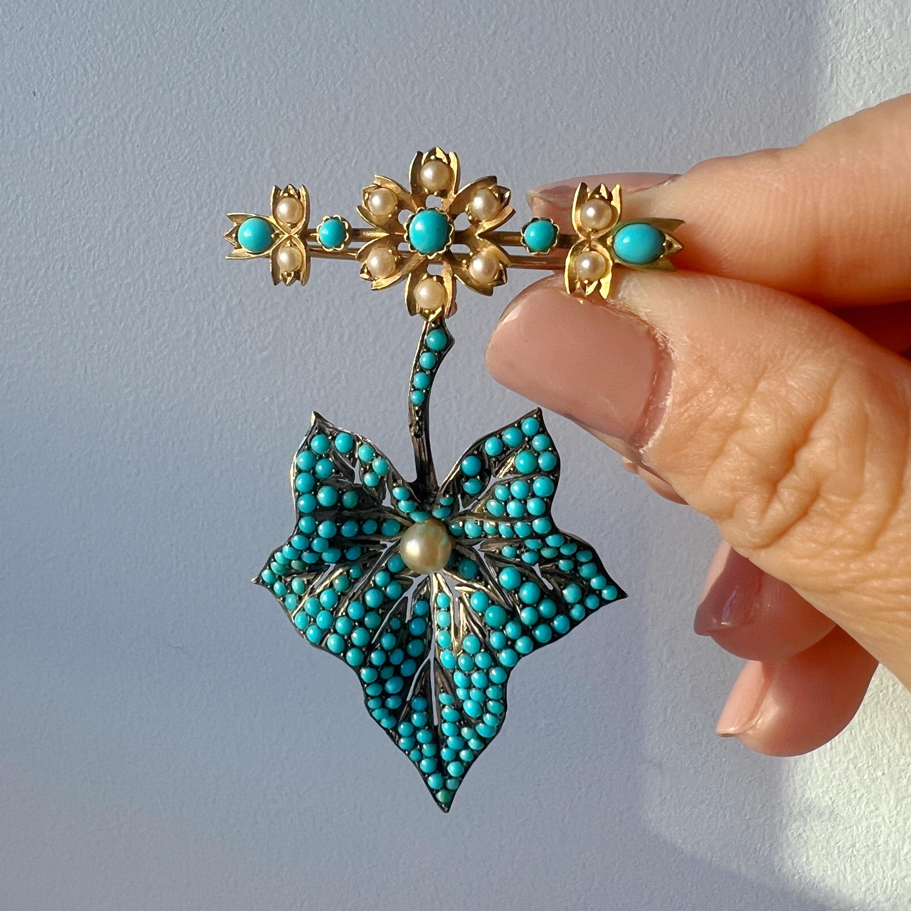 Bead Victorian era gold turquoise leaf flower brooch For Sale