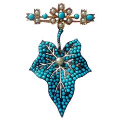 Victorian era gold turquoise leaf flower brooch
