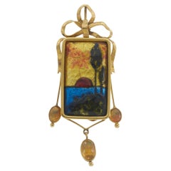 Victorian Era Hand Painted French Enamel and Opal Brooch with 18KT Yellow Gold