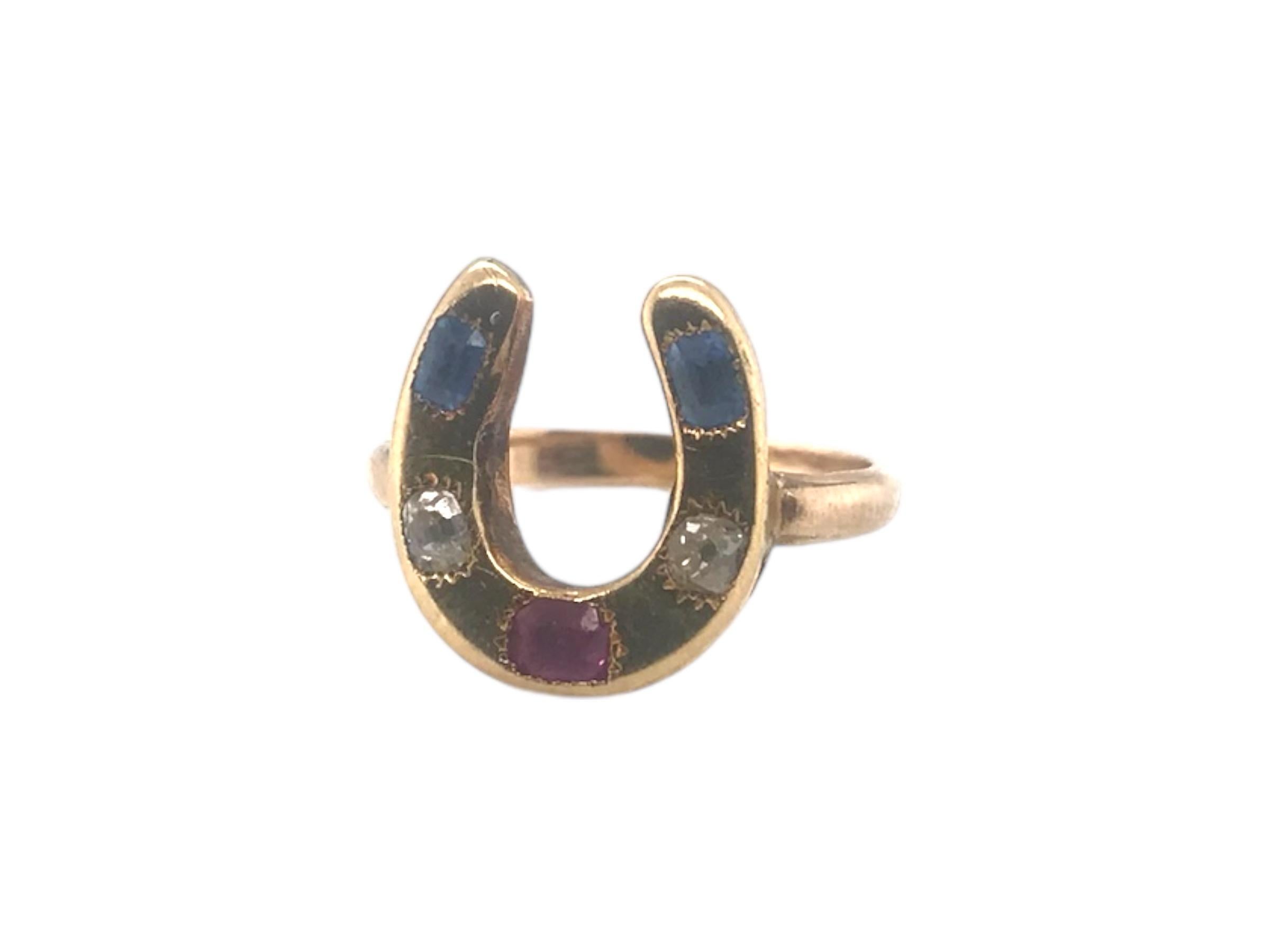 Old Mine Cut Victorian Era Horseshoe Gemstone Ring 14K Yellow Gold
