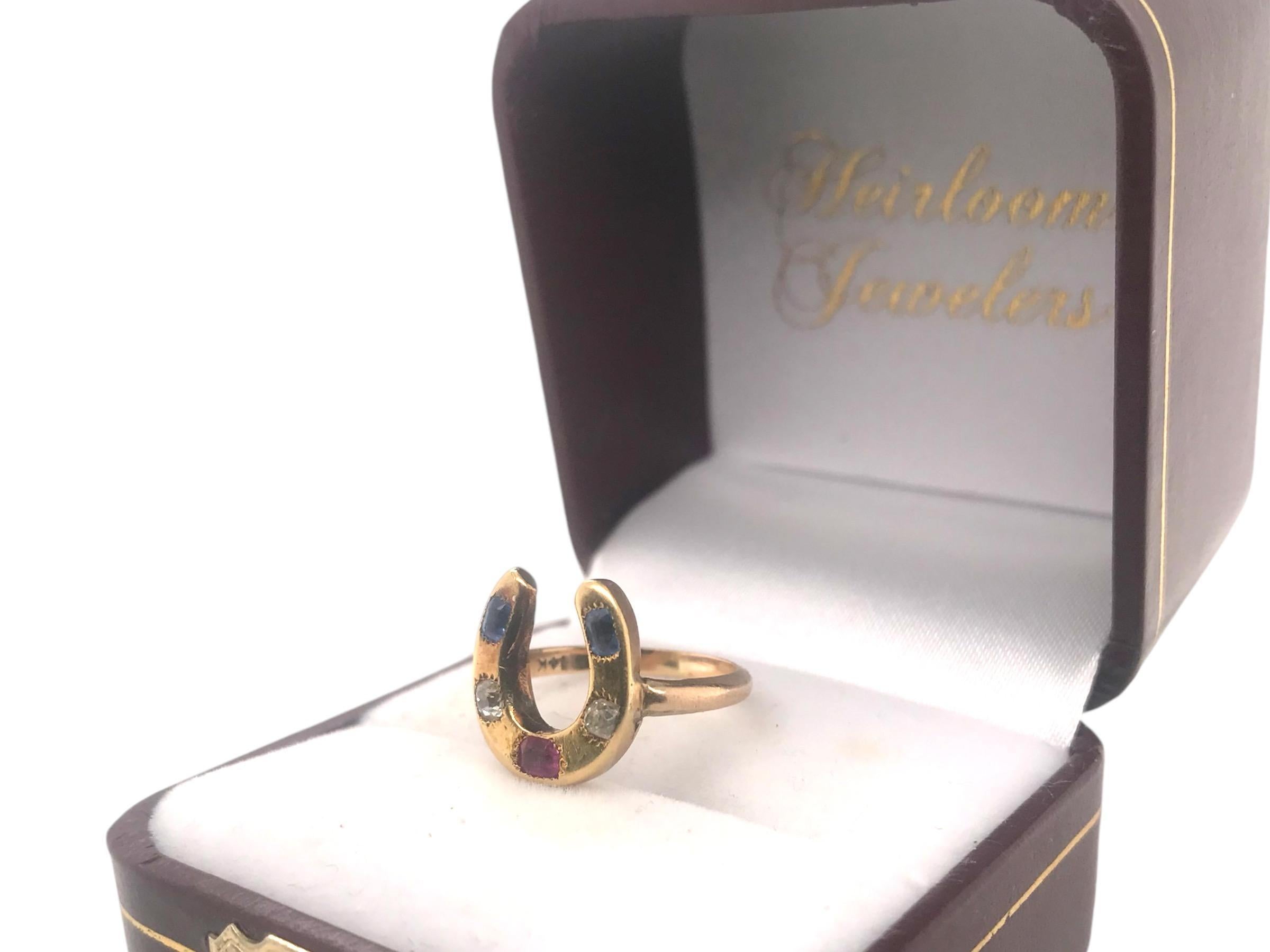 Victorian Era Horseshoe Gemstone Ring 14K Yellow Gold 4