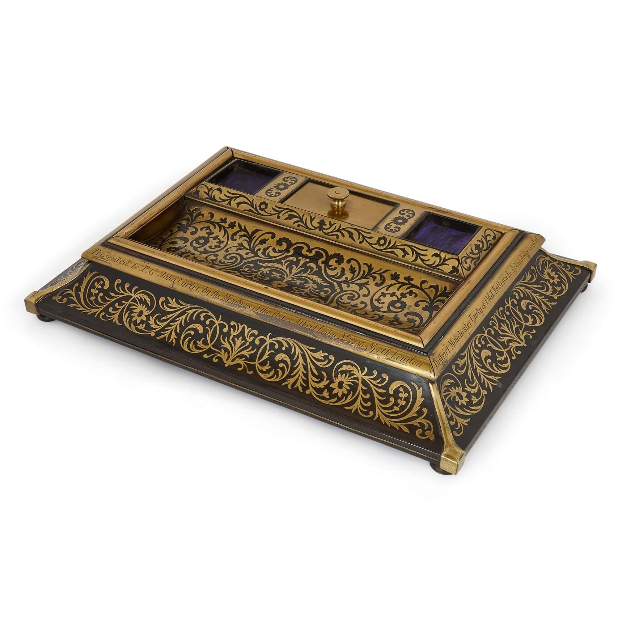 High Victorian Victorian Era Inkstand with Boulle Marquetry in Ebonised Wood and Brass For Sale