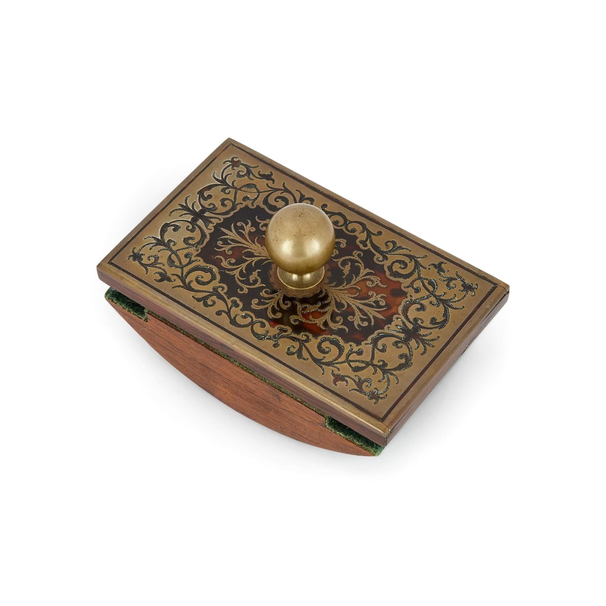 English Victorian Era Inkstand with Boulle Marquetry in Ebonised Wood and Brass For Sale