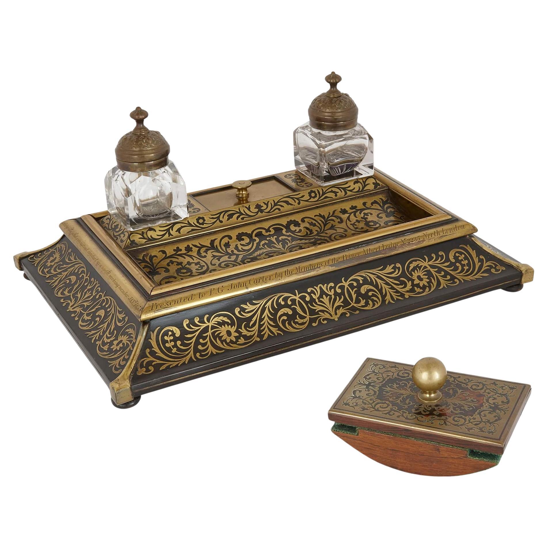 Victorian Era Inkstand with Boulle Marquetry in Ebonised Wood and Brass For Sale
