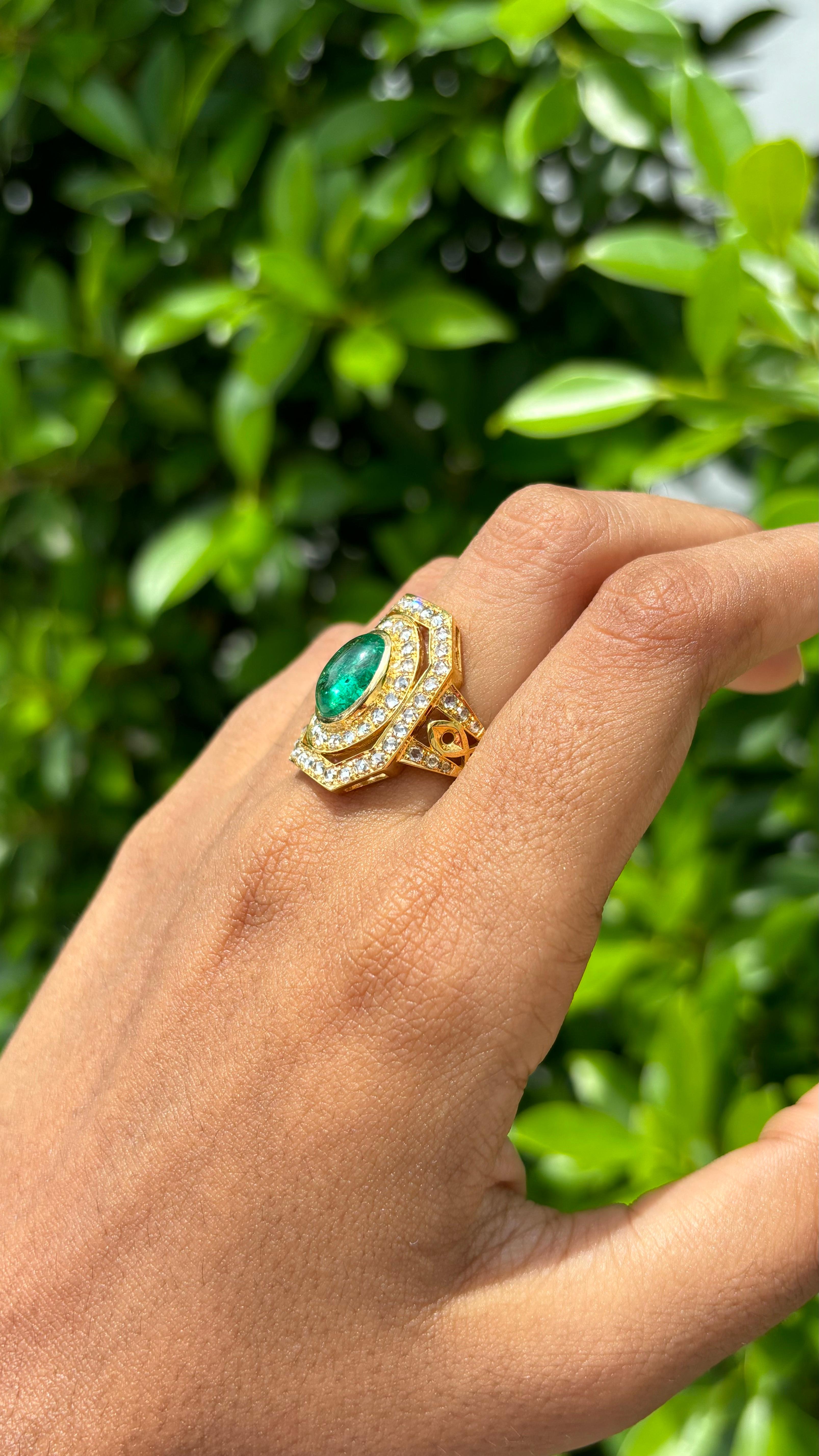 Victorian Era inspired 2.70ct Cabochon Emerald & Rose-cut Diamonds 18K Gold Ring For Sale 7