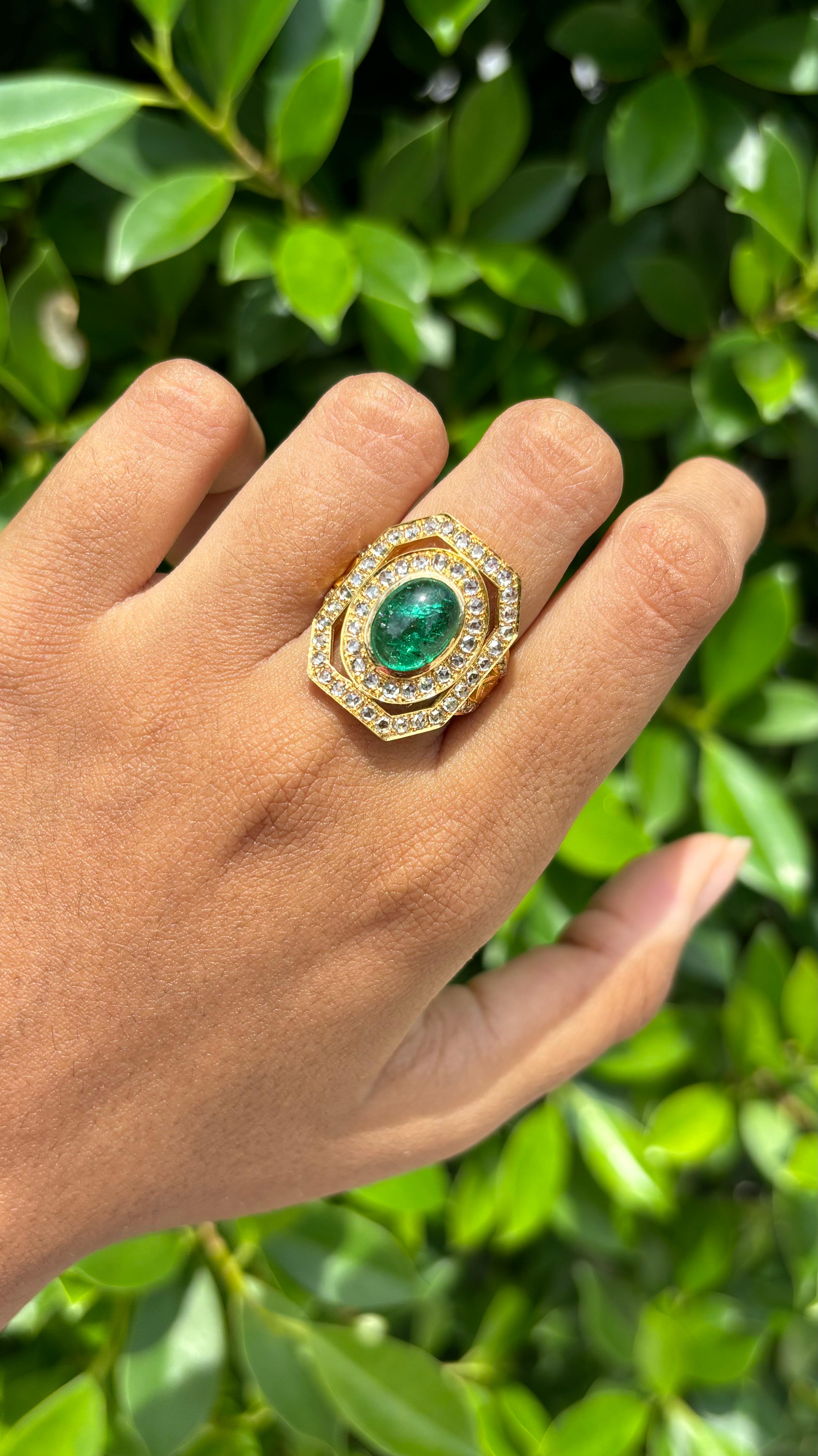 Victorian Era inspired 2.70ct Cabochon Emerald & Rose-cut Diamonds 18K Gold Ring For Sale 8