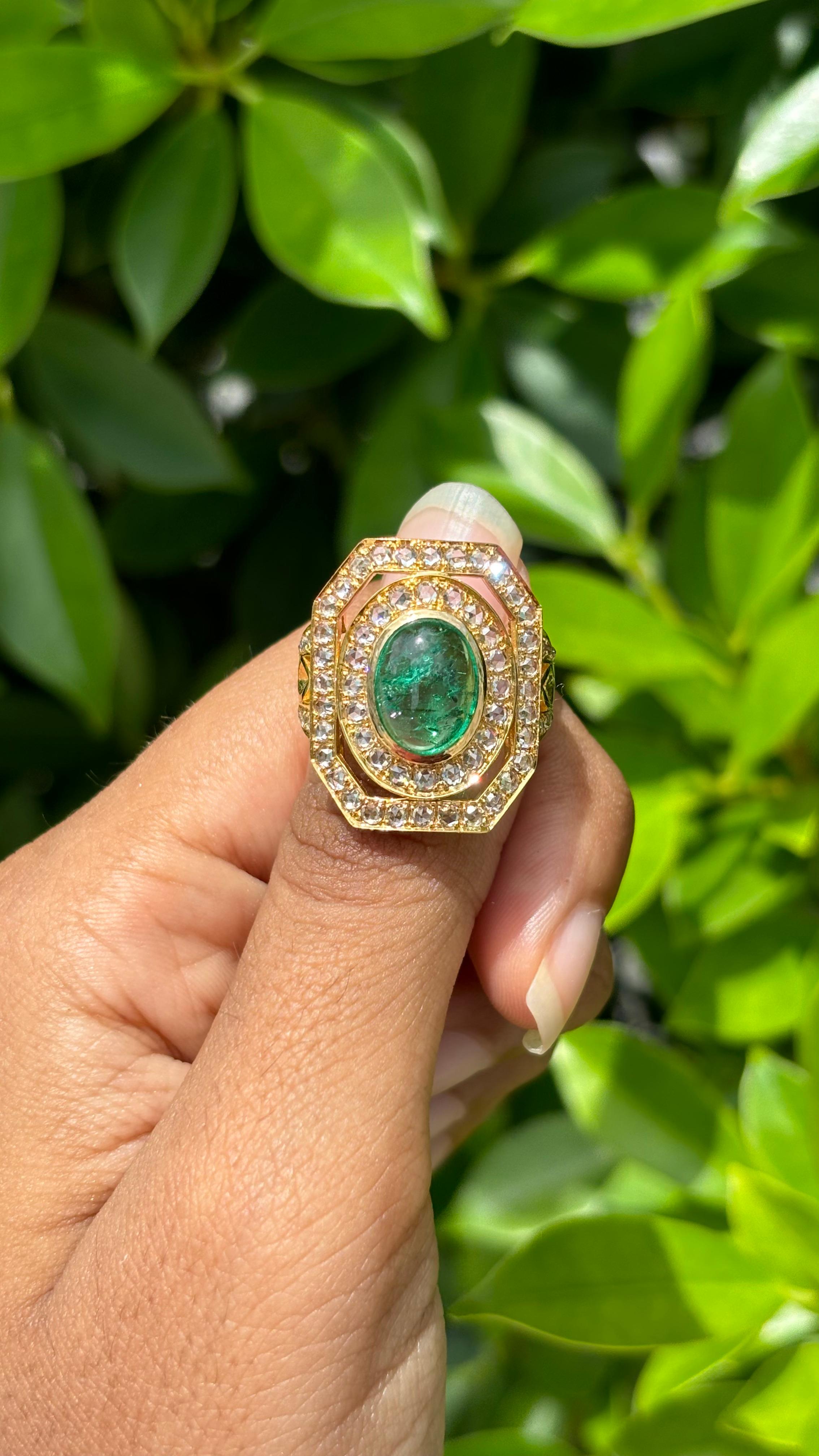 Oval Cut Victorian Era inspired 2.70ct Cabochon Emerald & Rose-cut Diamonds 18K Gold Ring For Sale