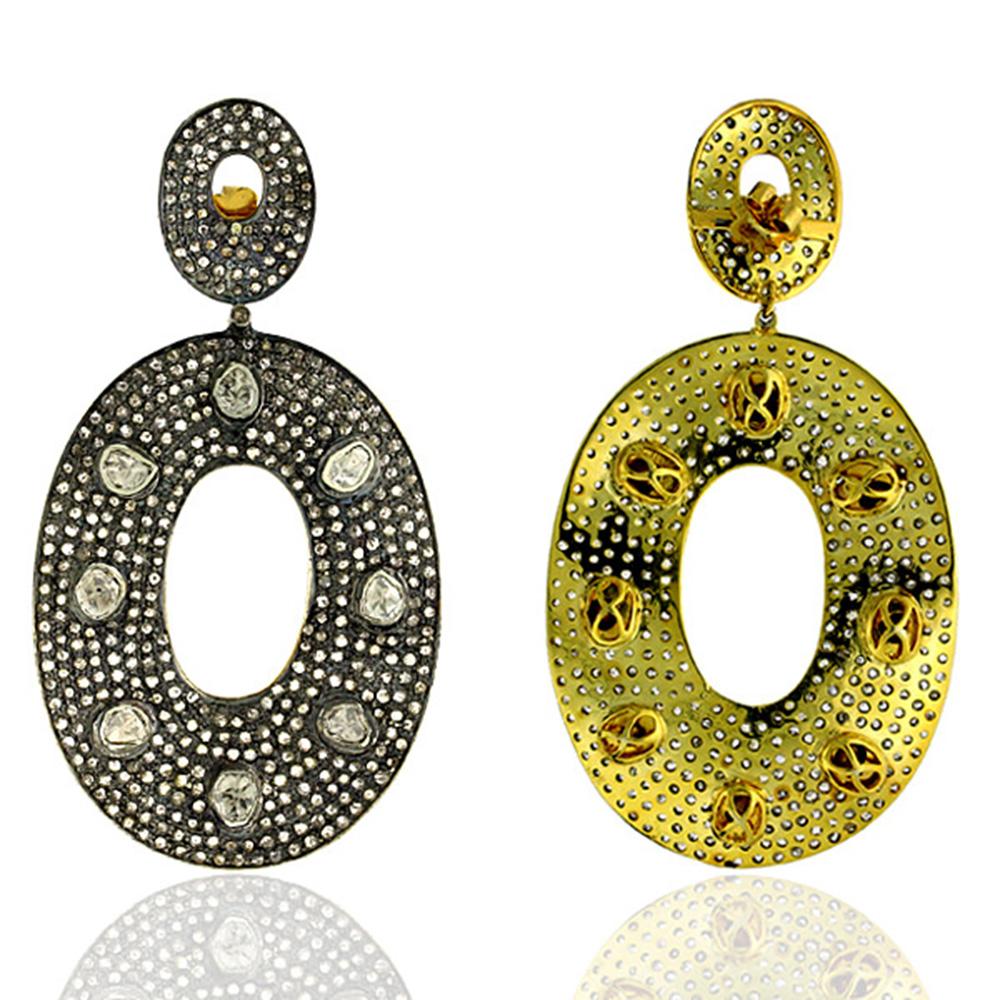 Round Cut Victorian Era inspired RoseCut Diamond & Pave Diamond Earring in Gold and Silver