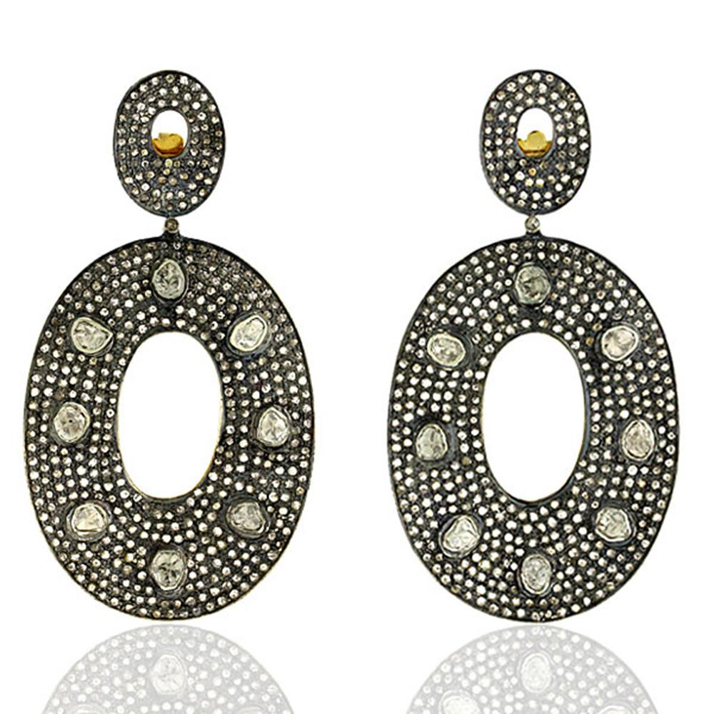 Victorian Era inspired RoseCut Diamond & Pave Diamond Earring in Gold and Silver In New Condition In New York, NY