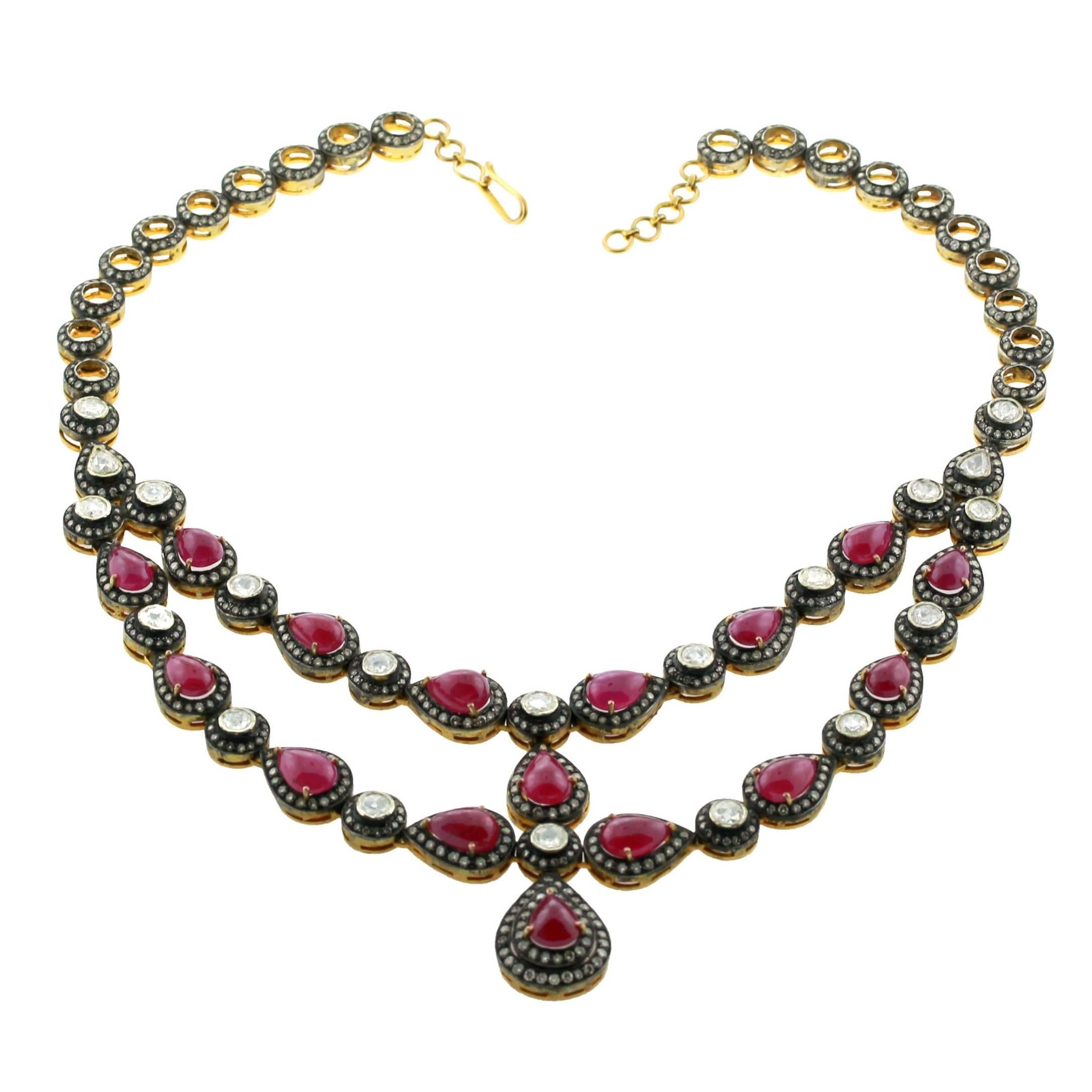 Victorian Era Inspired Ruby Rose Cut Diamond Necklace Made In 14k Yellow Gold For Sale
