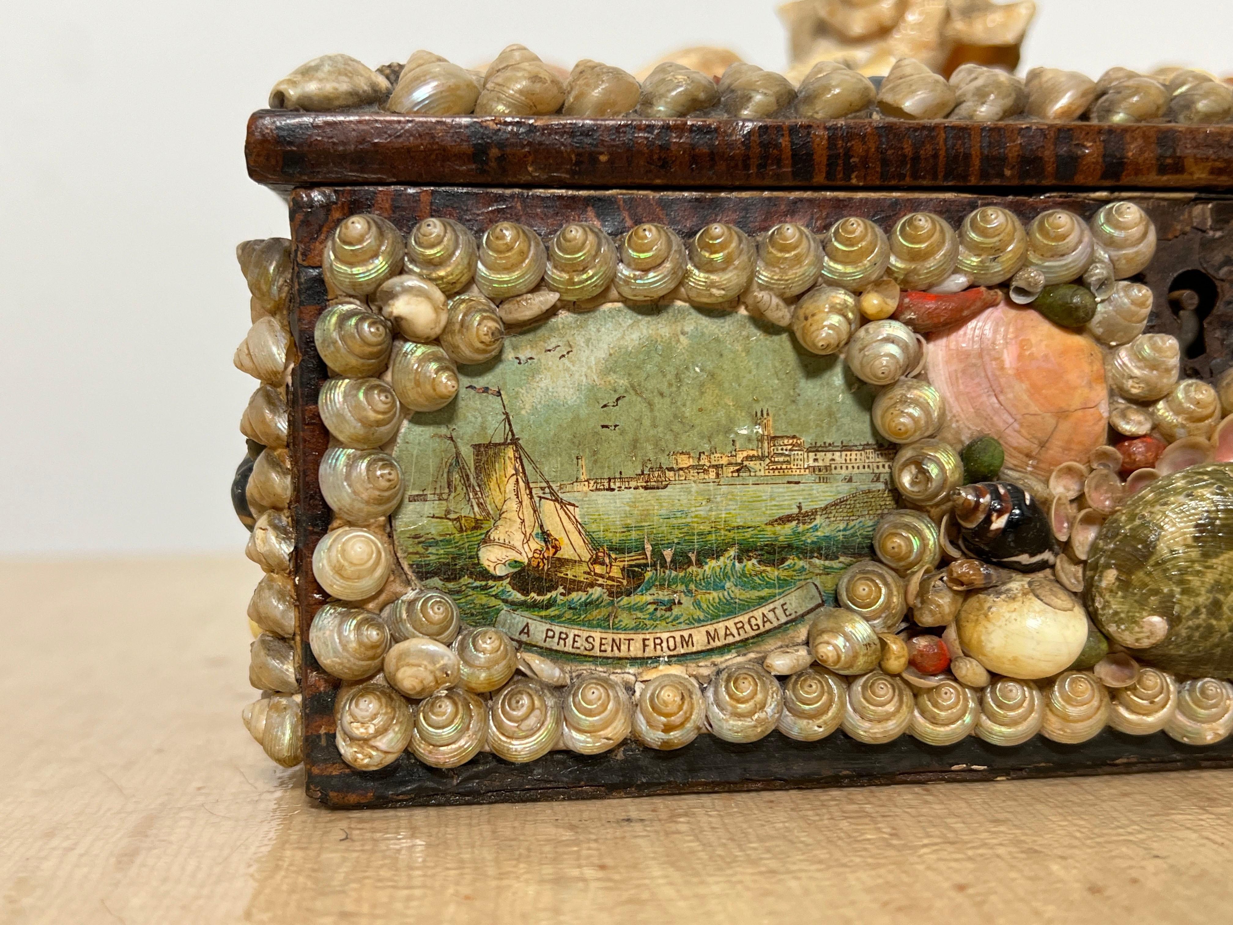British Victorian Era Margate Grotto England Seashell and Painted Souvenir Trinket Box