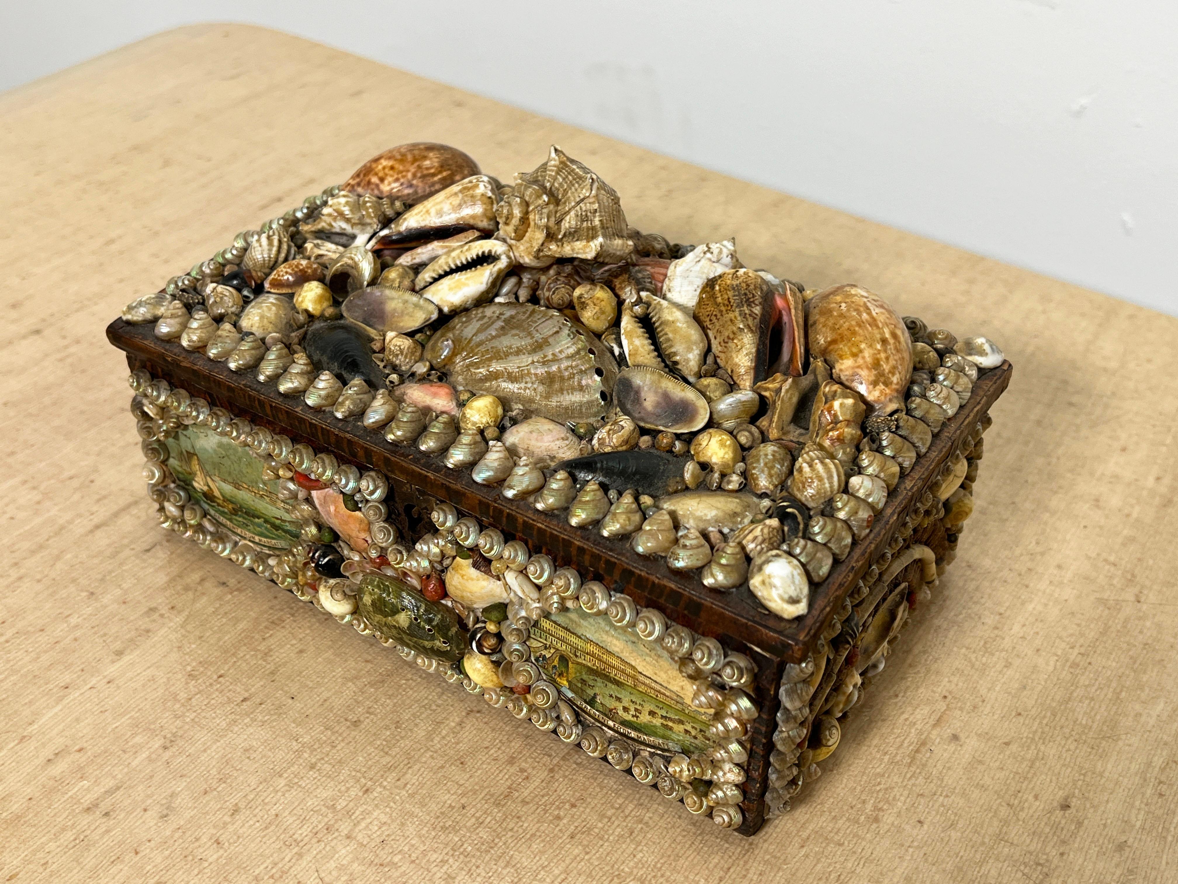 Late 19th Century Victorian Era Margate Grotto England Seashell and Painted Souvenir Trinket Box