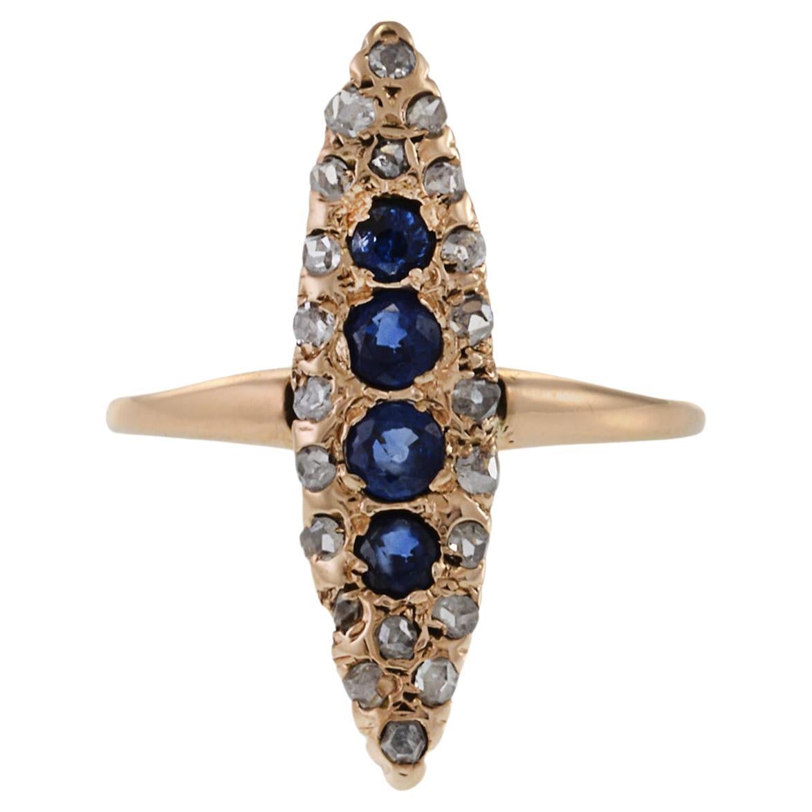 Victorian Era Marquise Shaped Sapphire and Diamond Ring For Sale