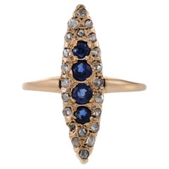 Antique Victorian Era Marquise Shaped Sapphire and Diamond Ring