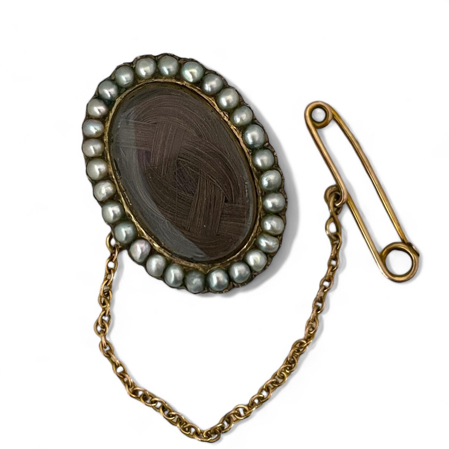 Ball Cut Victorian Era Mourning Brooch in 14K Gold with Pearls For Sale