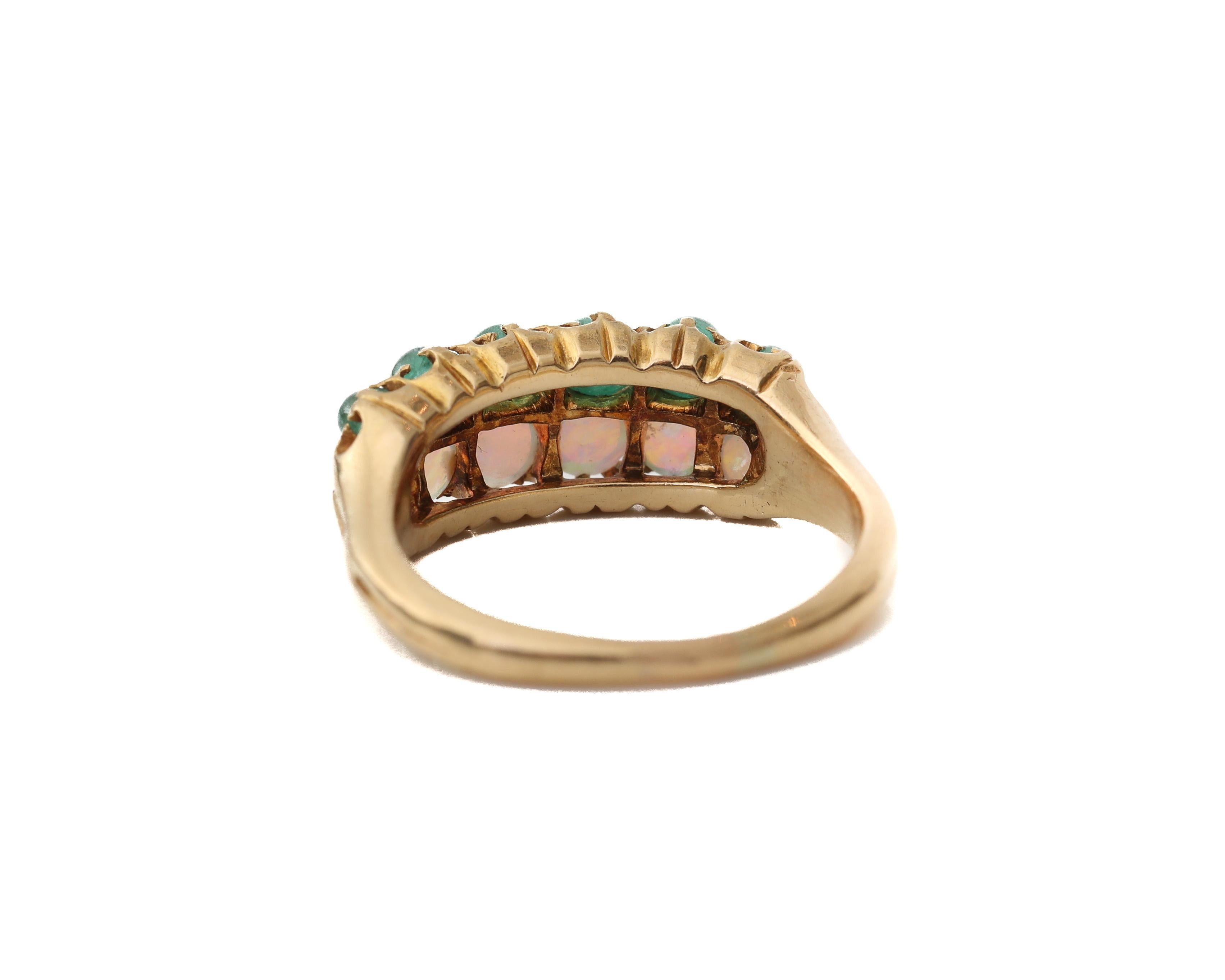 Victorian Era Opal and Emerald Double Row 18 Karat Band Ring In Good Condition In Addison, TX