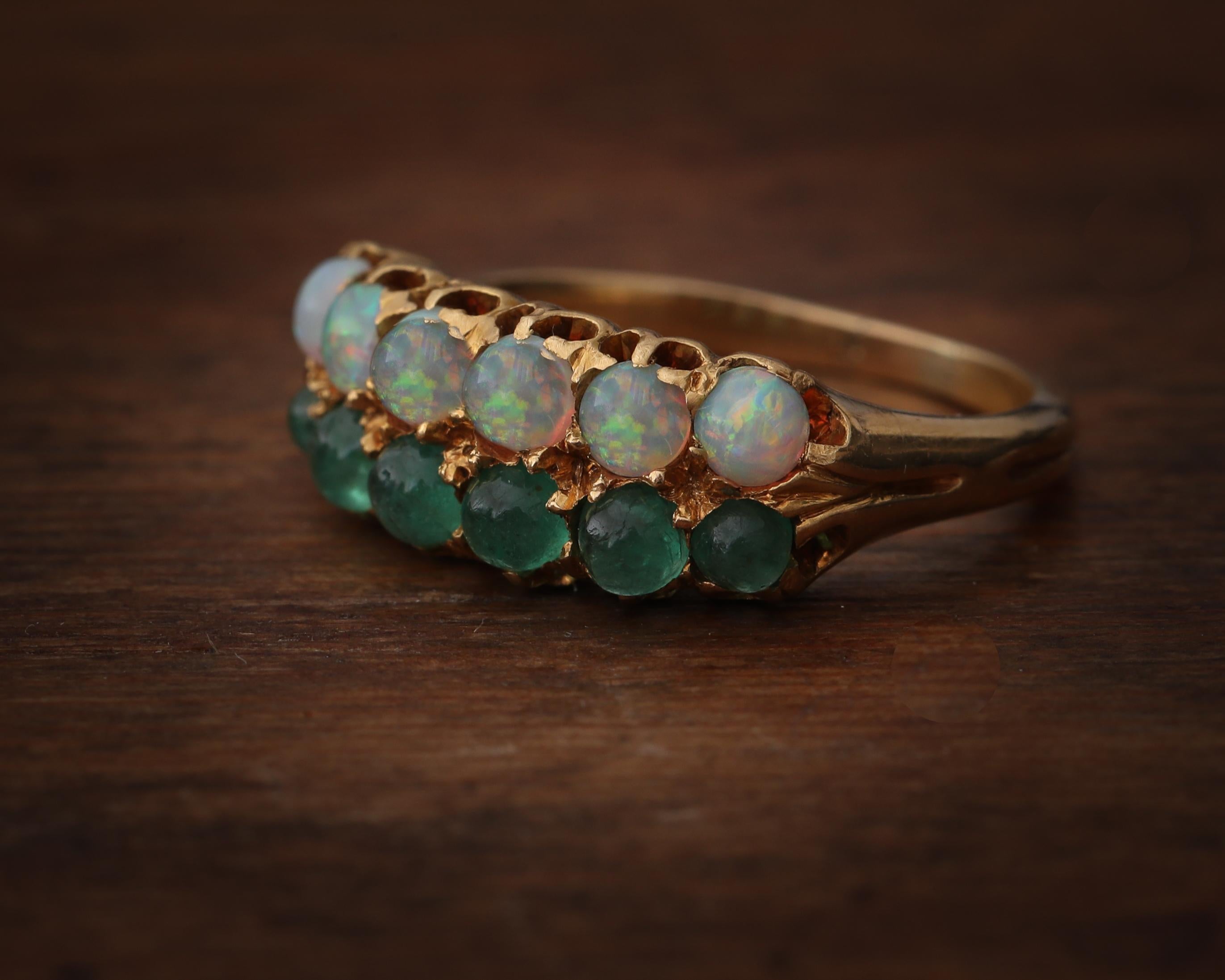 Women's Victorian Era Opal and Emerald Double Row 18 Karat Band Ring