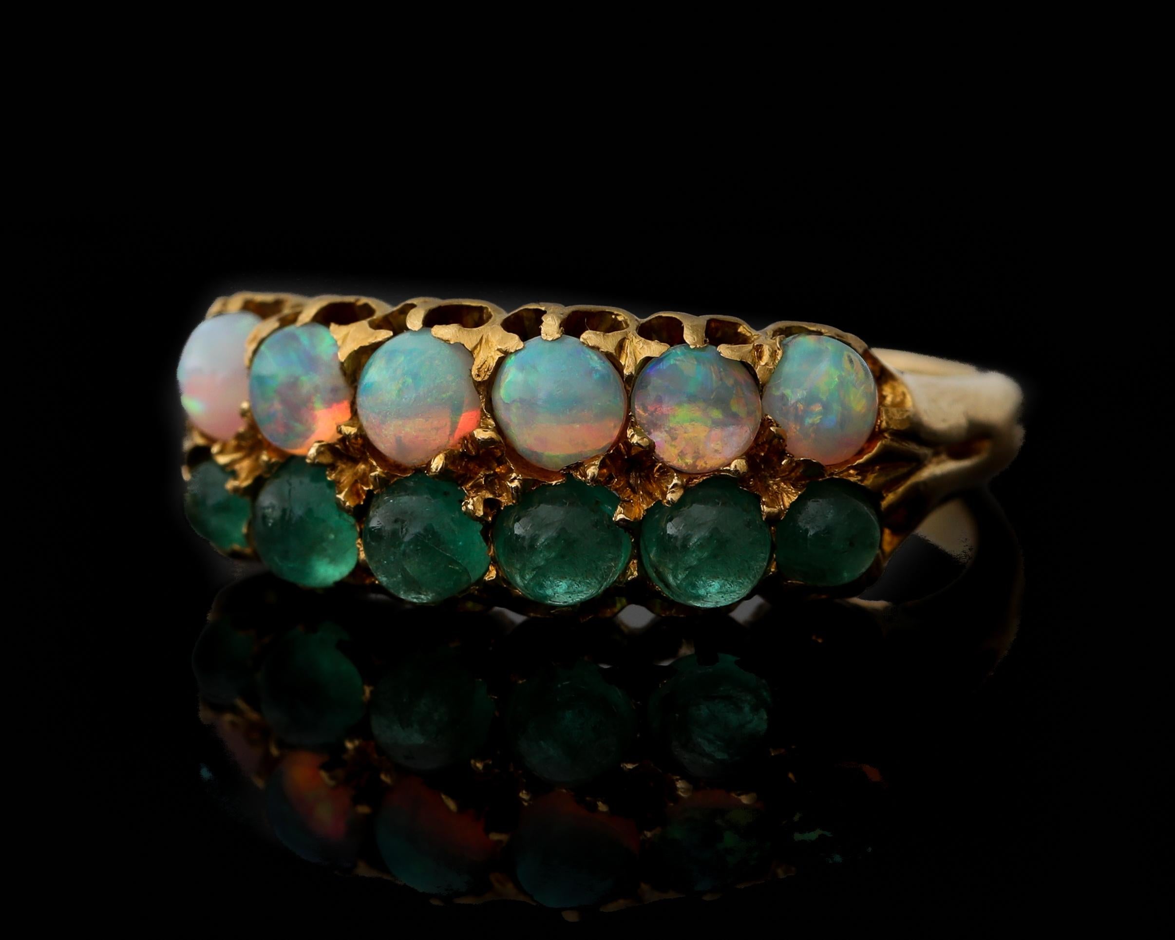 Victorian Era Opal and Emerald Double Row 18 Karat Band Ring 1