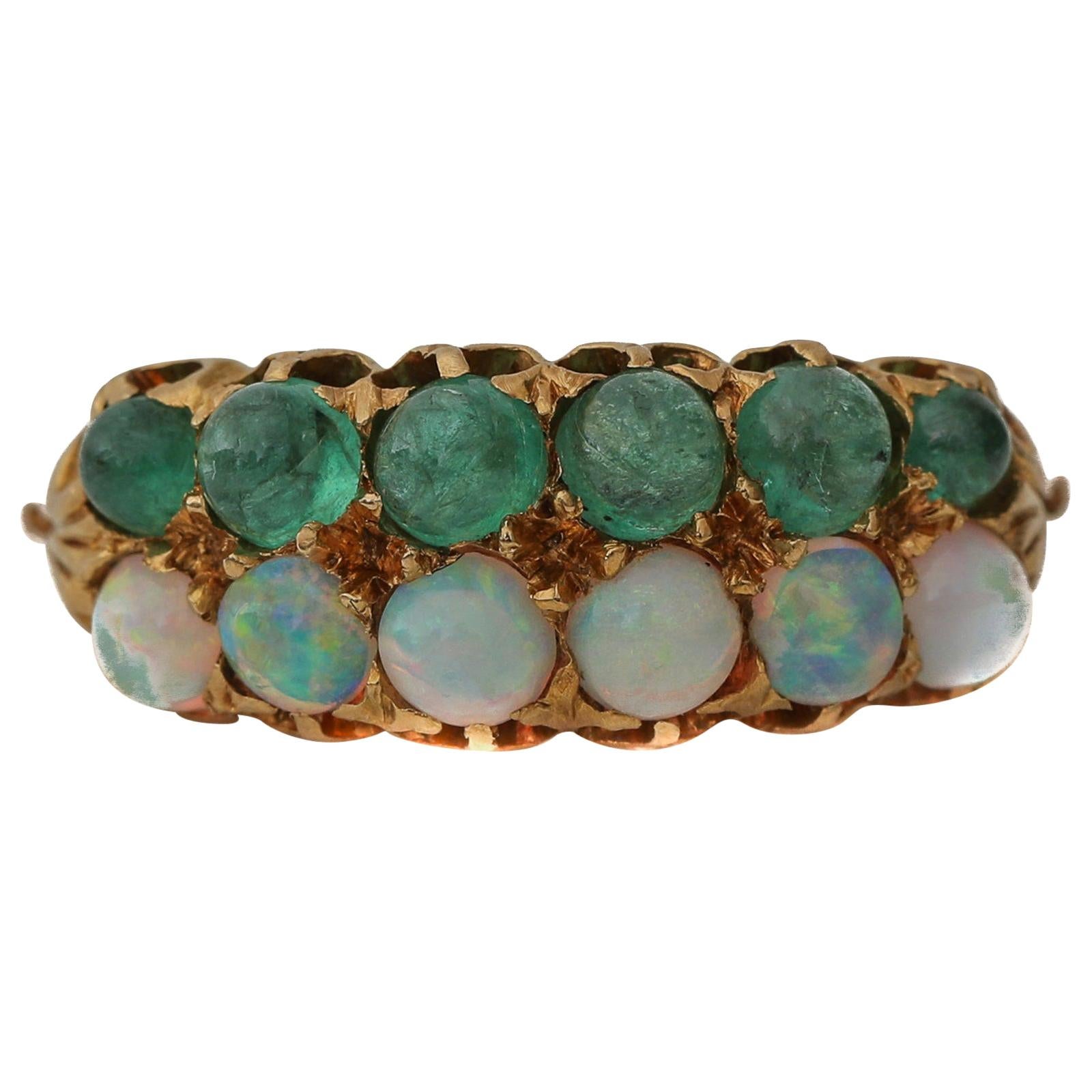 Victorian Era Opal and Emerald Double Row 18 Karat Band Ring