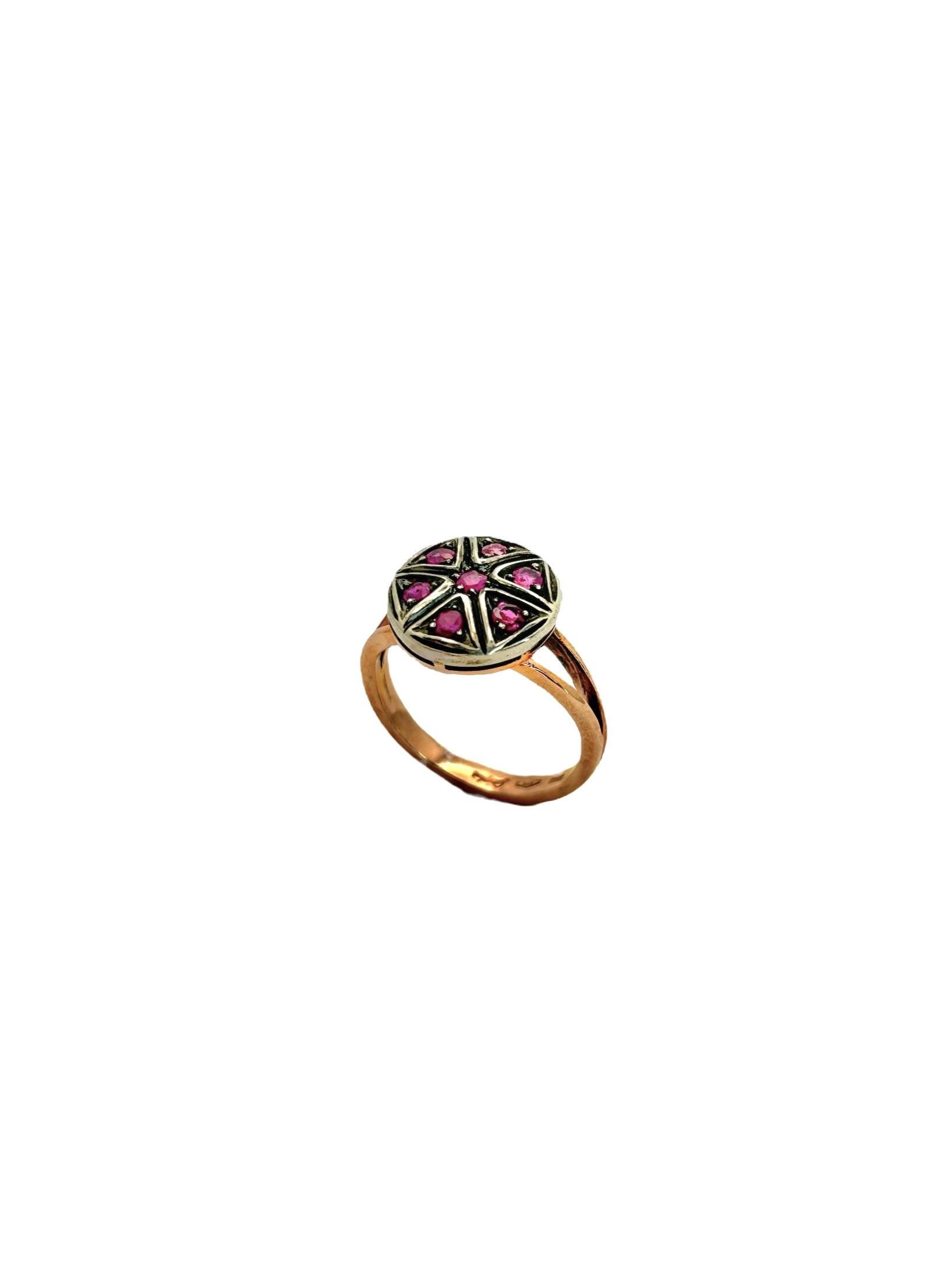 Brilliant Cut Victorian Era Pink Gold and Sterling Silver Rubies Ring For Sale