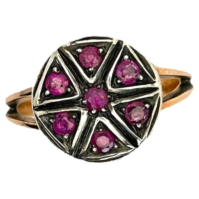 Victorian Era Pink Gold and Sterling Silver Rubies Ring For Sale