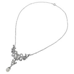 Victorian Era Platinum and Diamond Necklace and Pin Combo with Pearl Drop