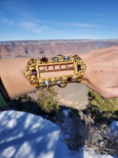 Victorian Era Reversible Cuff / Belt Buckle in Gold with Color Stones