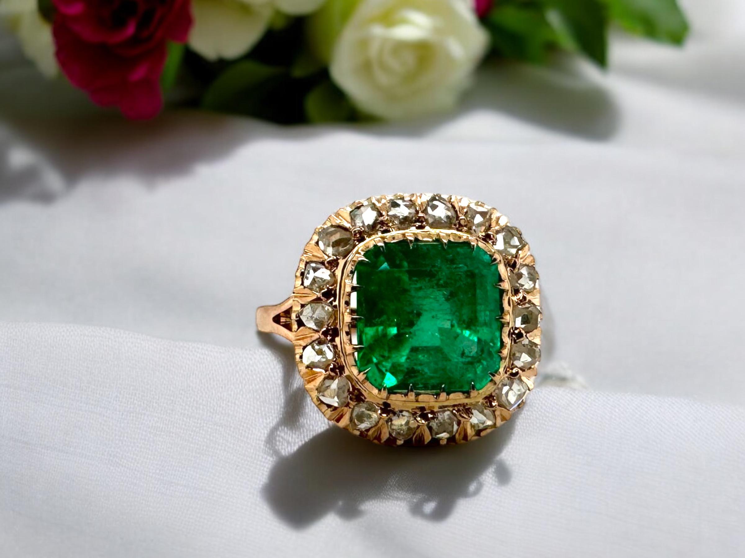 We are absolutely stunned over this beauty!!
The vibrant color of this emerald is simply jaw dropping.

Ring Details
Material: 14K Rose Gold
Era: Victorian 1840 - 1900
Head Width: 17.0mm
Head Height: 7.5mm
Weight: 6.8 Grams
Finger Size: 8